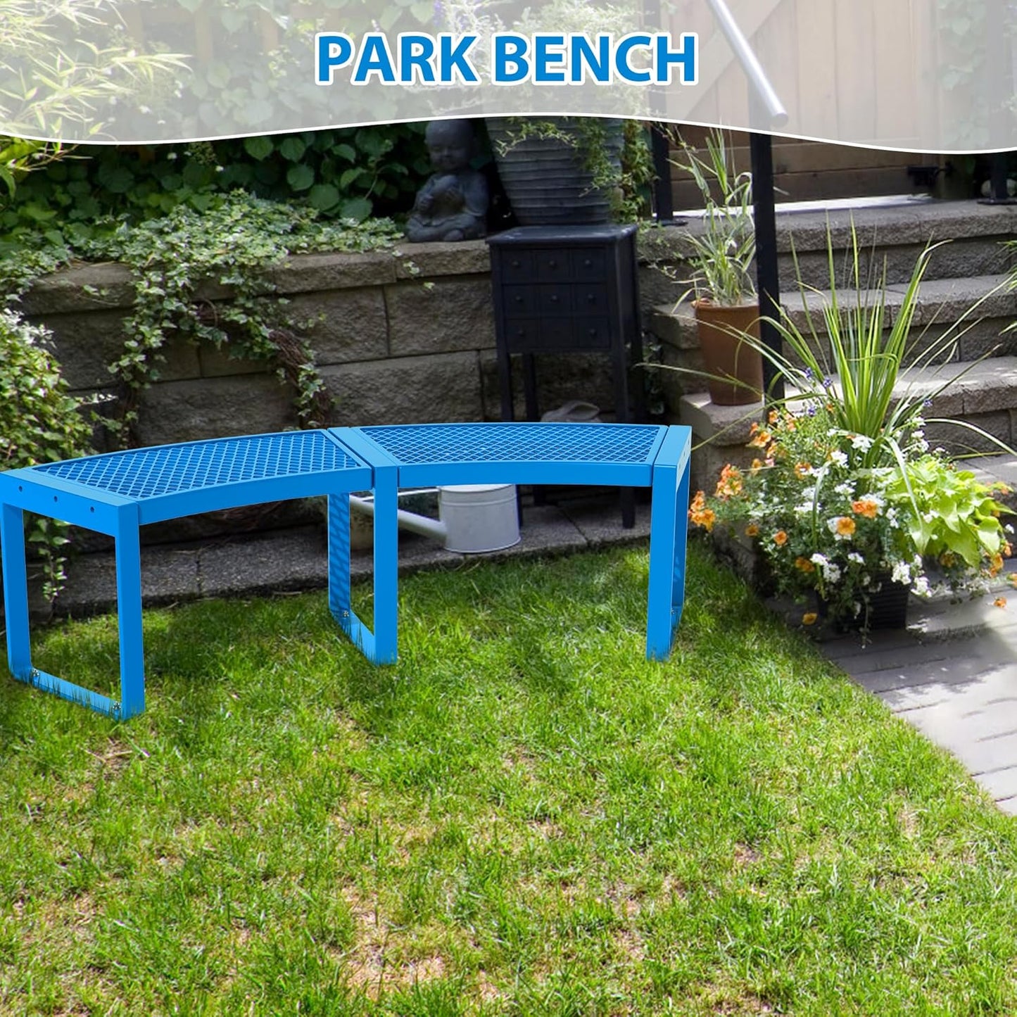2 Pack Outdoor Curved Bench, Heavy Duty Metal Park Bench for Outside, Backless Loveseat, Thermoplastic-Coated, Weatherproof Commercial-Grade 2-Person Seating for Park, Patio, Garden, Deck, Beach,Blue