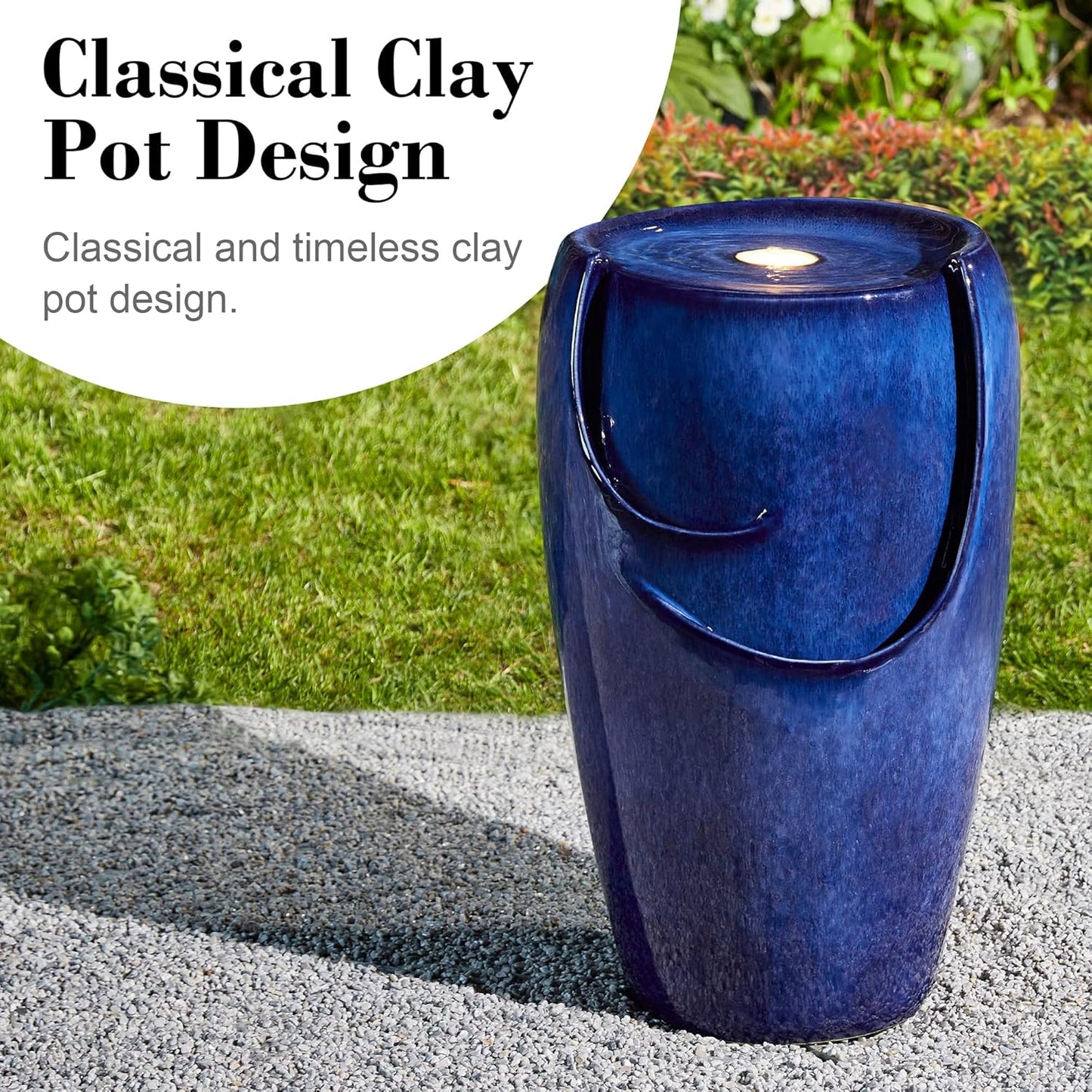 Glitzhome Ceramic Vase Outdoor Water Fountain Tall Patio Garden Water Fountain with LED Light and Submersible Pump Yard Art Decor, 20.5”H, Blue
