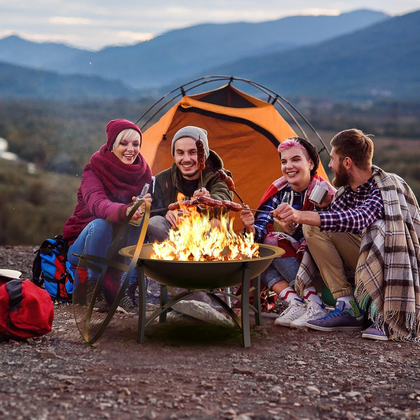 Fire Beauty Fire Pit for Outside Wood Burning,BBQ Grill Steel Fire Bowl with Cooking Grate,Spark Screen Cover,Log Grate,Poker for Camping Beach Bonfire Picnic Backyard Garden