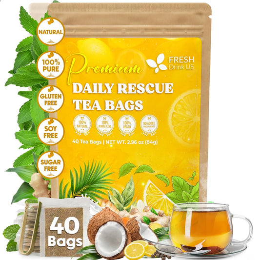 FreshDrinkUS, Premium 40 Tea Bags Daily Rescue Lemon Ginger Tea - 9 Superherbs – 100% Natural Ingredients, Tea Mix for Wellness Boost - Shelf-Stable, Caffeine-Free, Sugar-Free, Vegan