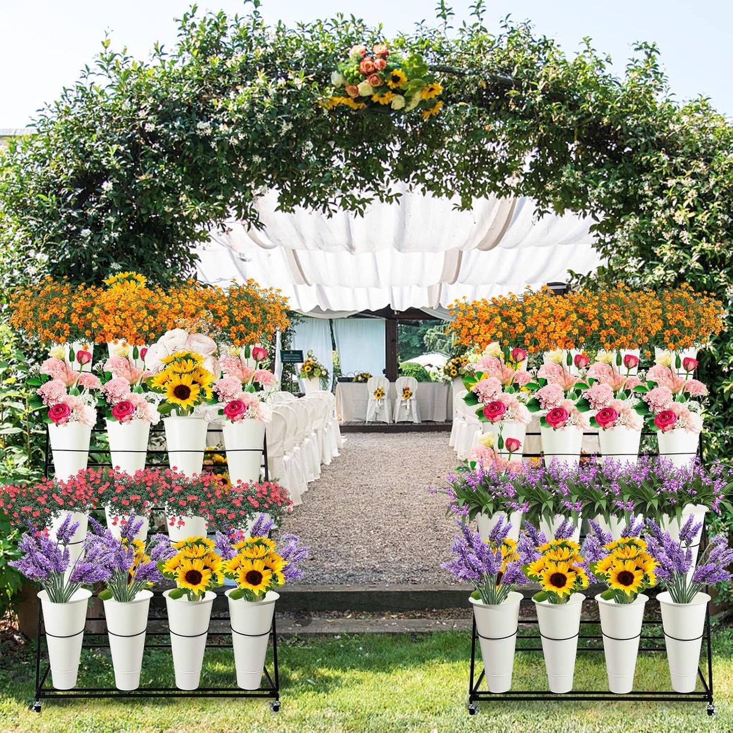 Flower Display Stand with Buckets, 3 Layers Metal Plant Stand, Moving Florist Bouquet Shelf for Fresh Flower Shop, for Patio Garden, Outdoor Flower Pop-Up Events (White Frame - White Bucket)