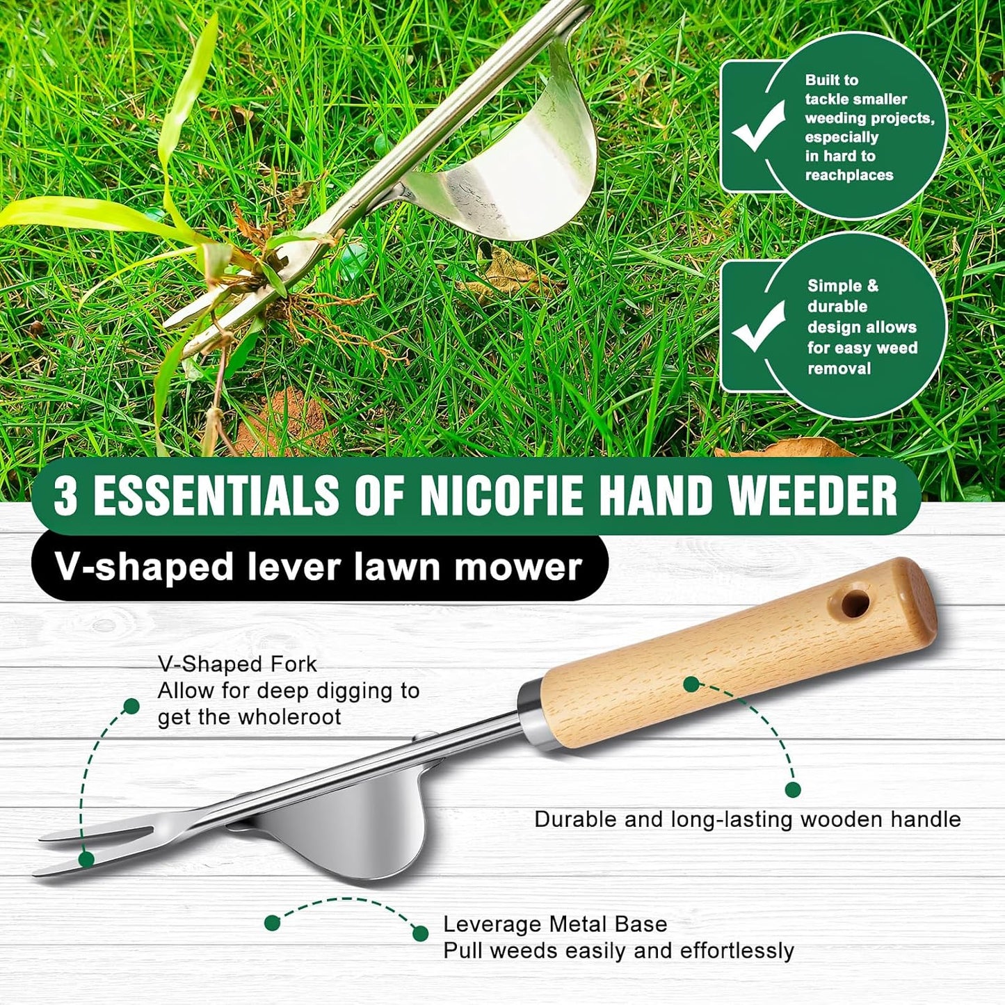 Hand Weeder Tool, Stainless Steel 2 Pcs Weeder Tool for Garden and Farm,Weeding Tool for Gardening,Garden Weeder, Weed Pulling Tool, Weed Puller Tool