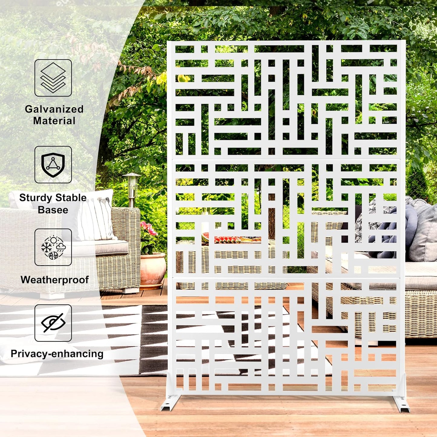 Metal Privacy Screen Outdoor 72" H×47" W,Freestanding Decorative Privacy Screen for Balcony Yard&Garden,Privacy Fence-White&Street