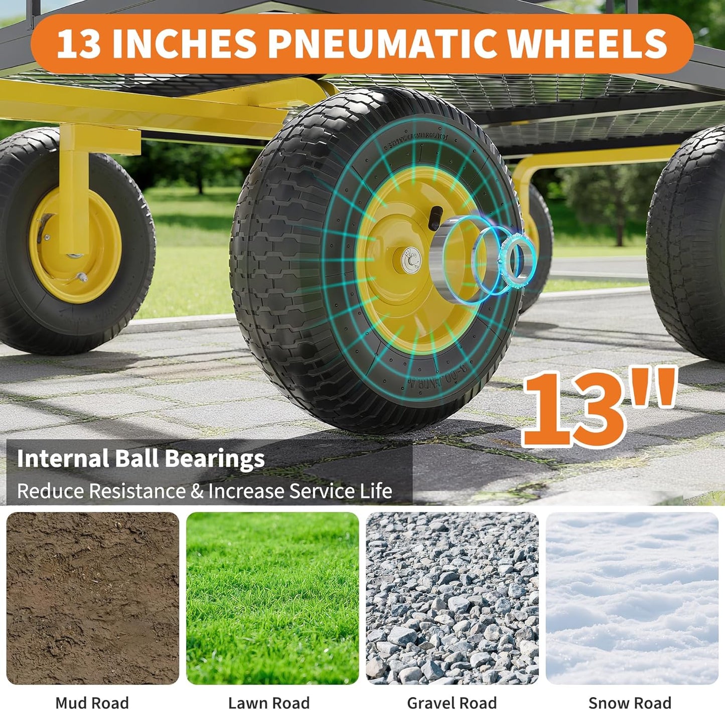 3-in-1 Heavy-Duty Steel Garden Cart, 1200 Lbs Garden Wagon, with 13 Inch All-Terrain Tires and Removable Mesh Side Panels, 180° Rotating Handle, Metal Multi-Function Carts, Outdoor Gardens Wagon Cart