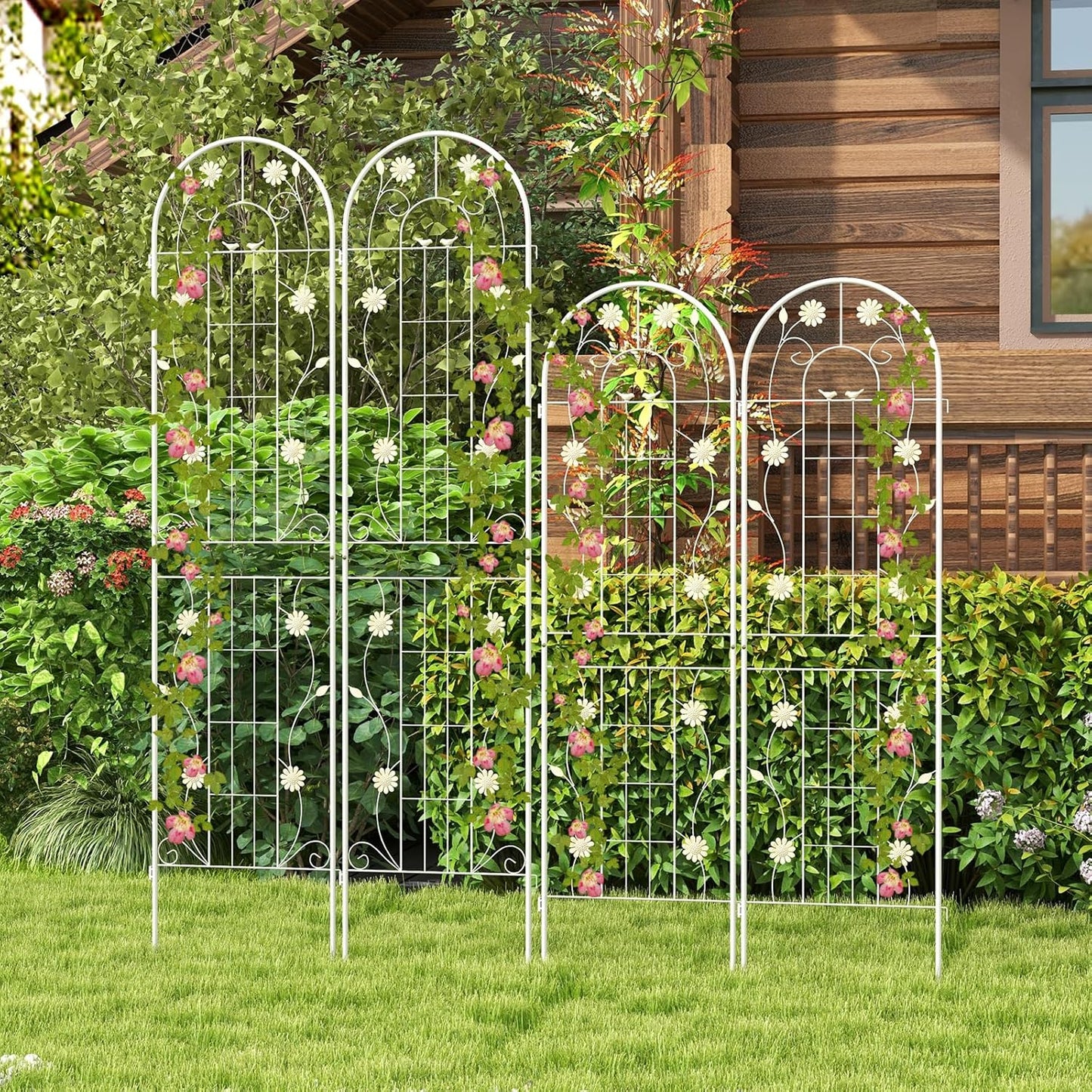 Giantex 4 Pack Garden Trellis, 5.9 FT Tall Galvanized Steel Trellis for Climbing Plants Outdoor for Patio Lawn Wall Decor, Plant Trellis for Vine Cucumber Tomato Flower Clematis Roses, White