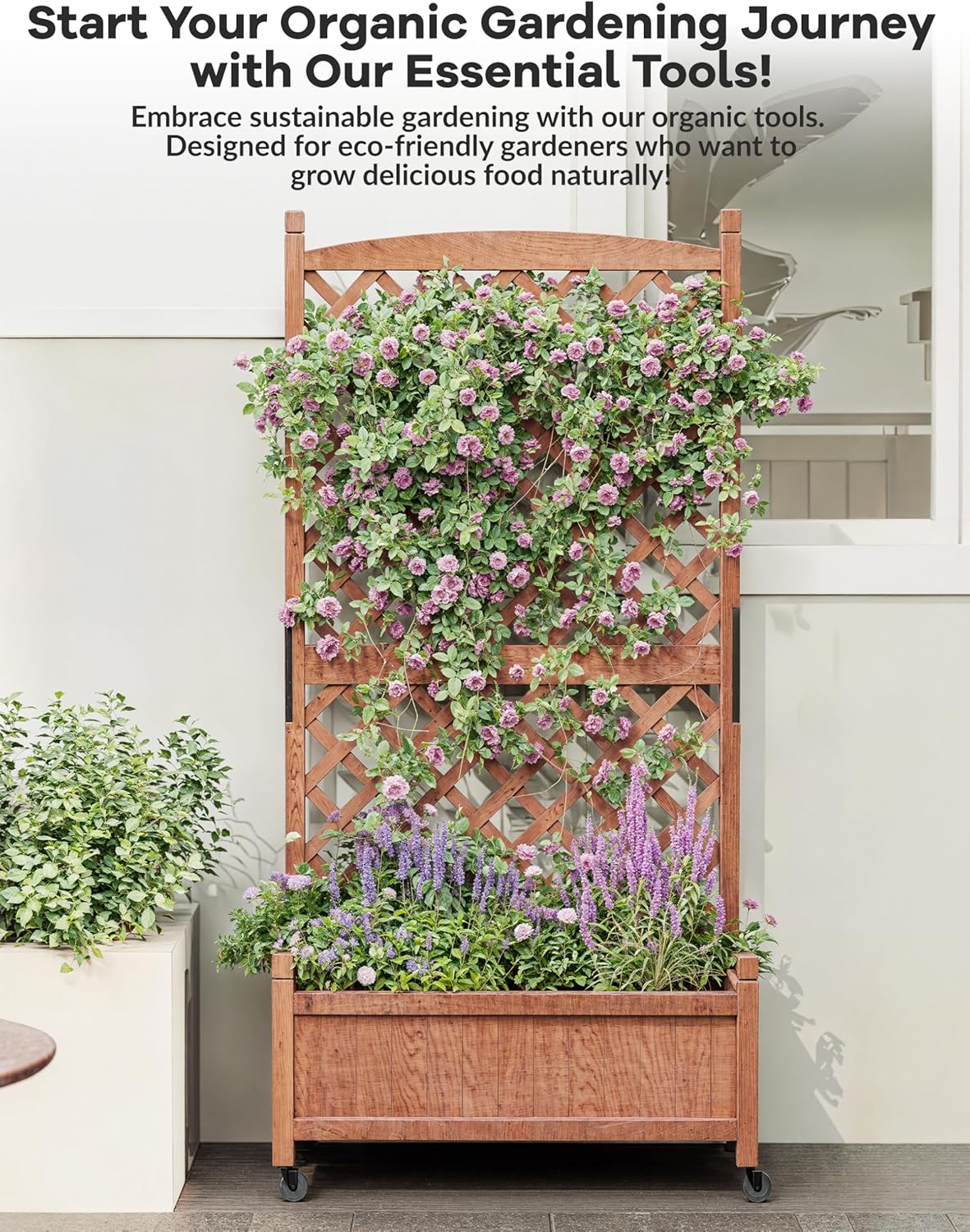 29.5" x 13"x 61.5" Wood Planter Box With Trellis For Plant & Flower, Raised Garden Bed With Wheels, Standing Vertical Horticulture Trellis Planter With Drainage Holes for Patio Garden, 1PC