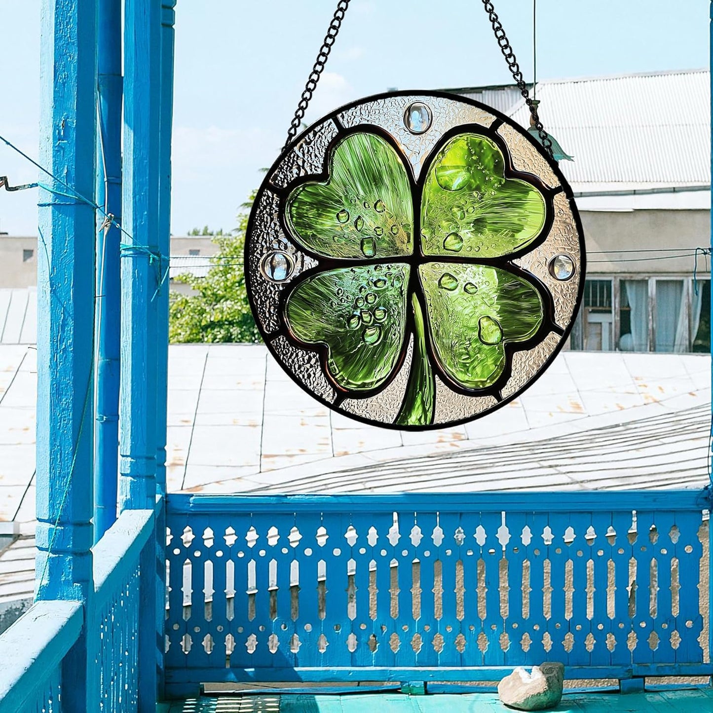 Stained Glass Window Hanging, Green Silver 4 Leaf Clover Sun Catcher for Window Door Home Decor Plant Suncatcher Christmas Mother's Day Birthday Gifts for Women Men Mom Nana 7.8 in
