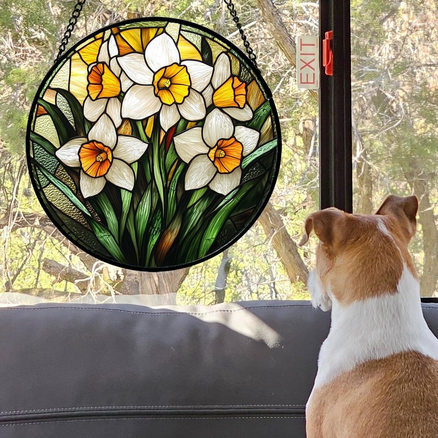 Stained Glass Window Hanging, Yellow and White Daffodils Sun Catcher for Door Home Decor Plants Flowers Suncatcher Christmas Mother's Day Birthday Gifts for Women Men Mom Nana 15 in