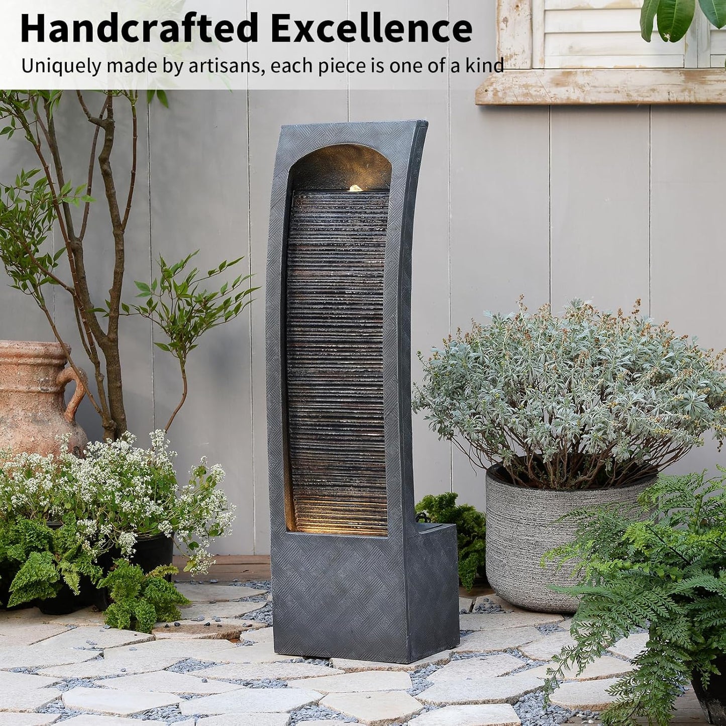 Indoor Water Fountain Curved Faux Slate Outdoor Waterfall Fountains Floor Standing Tiered Rock with LED Lights and Pump for Garden, Backyard, Deck, Patio, Porch and Home Art Decor