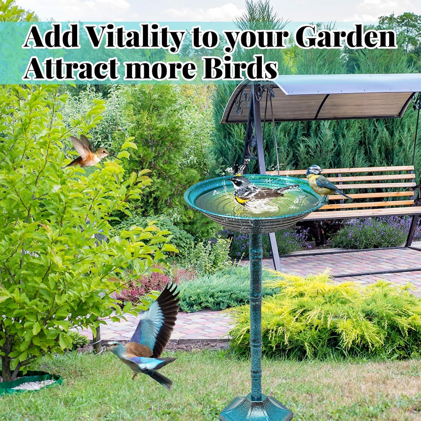 Metal Bird Bath for Outside, Freestanding Garden Metal Birdbaths with Stable Upgrades Stake, Easy to Clean Birdfeeder for Outdoors Garden Yard Lawn Decor(Blue)