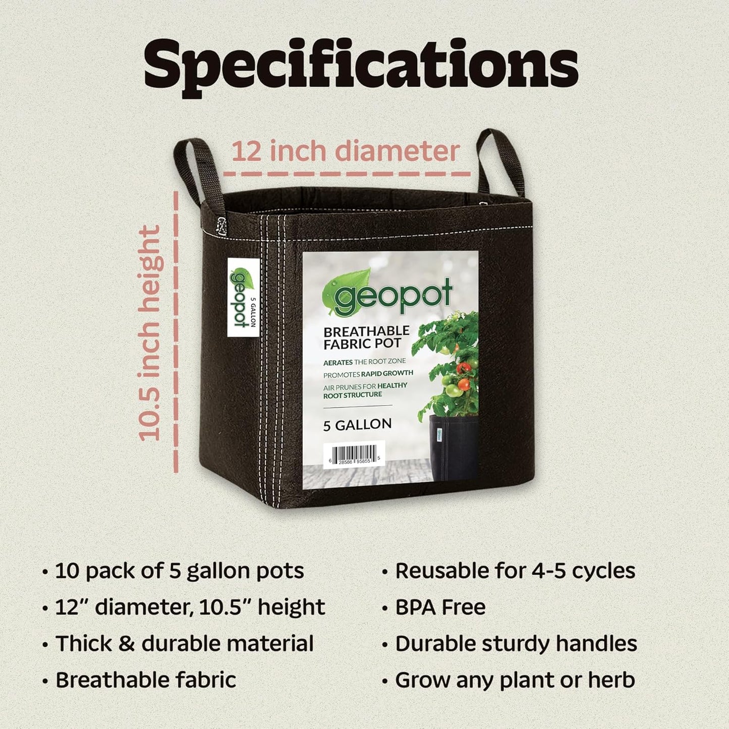 5 Gallon Fabric Grow Bags with Handles for Vegetables, Houseplants, Herbs & Flowers | 10-Pack | Fabric Pots for Outdoors and Indoors, Aerated Fabric Grow Bags