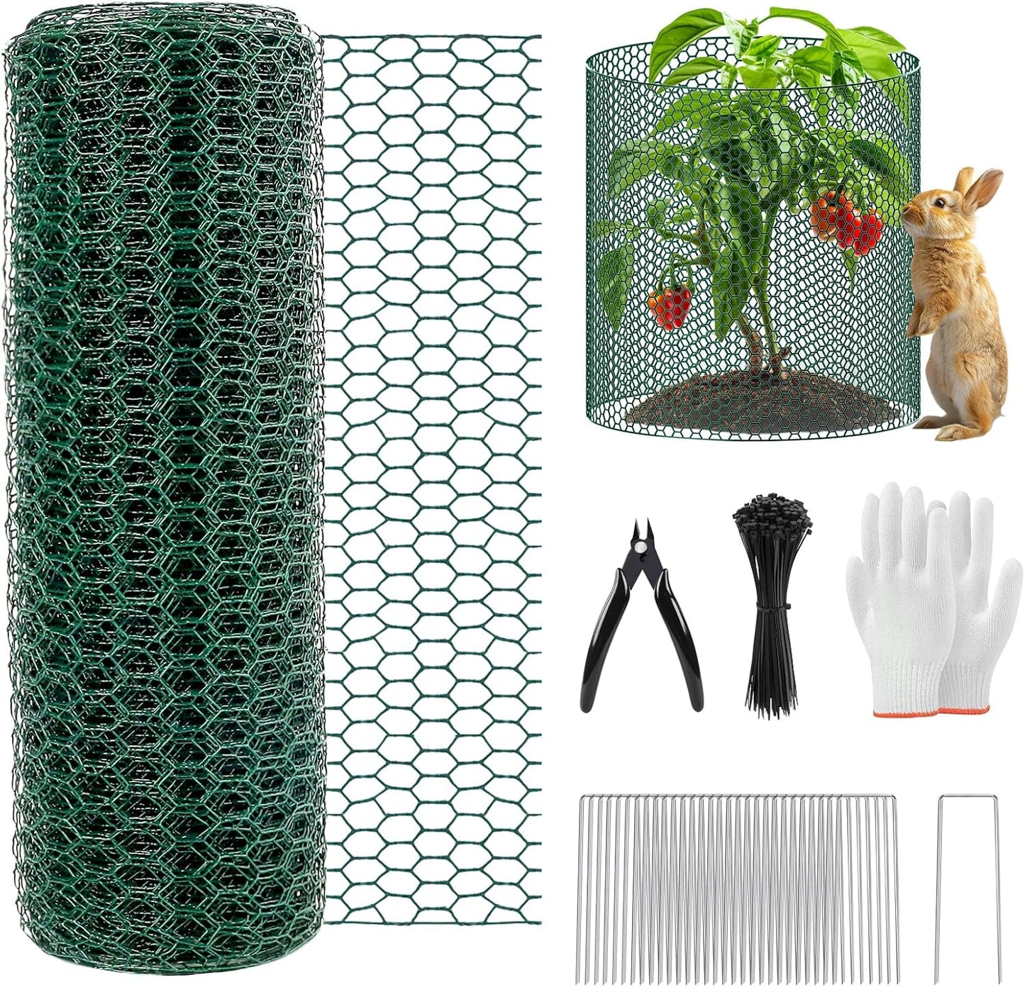 39.4Ft x 16In Plant Protectors from Animals, Plant Cages for Outdoor Plants, Free-Cut Metal Mesh Plant Covers Guards Fence Chicken Wire Cloche with Ground Stakes & Ties to Keeping Bunny Animals Out