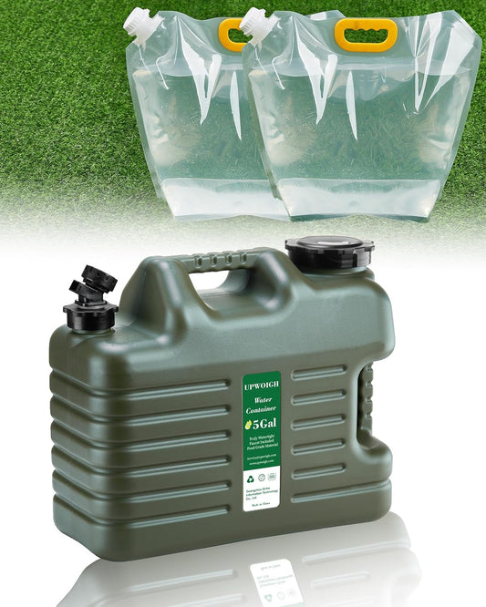 5 Gallon Water Jug and 2.6Gal Collapsible Water Bag Set of 2,Thickened Water Storage Overlanding Gear Containers, Camping Essential Leak-Proof Green Portable Water Tank,BPA Free Outdoors Hiking