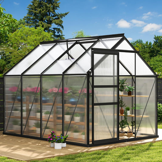DWVO 6x8FT Polycarbonate Greenhouse Heavy Duty Green Houses Outdoor Aluminum Greenhouses with Sliding Doors Vent Window Walk-in Greenhouse Large Sun House for Garden Backyard, Matte Black