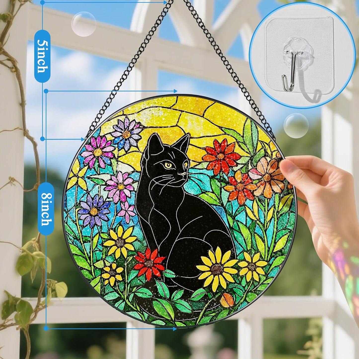 Black Cat Stained Glass Window Hanging, 8 Inch Sun Catchers Indoor Window, Suncatchers for Windows Hanging, Home Decor and Christmas, Festival, Mother's Day, Birthday, Gifts for Women, Men, Cat Lovers