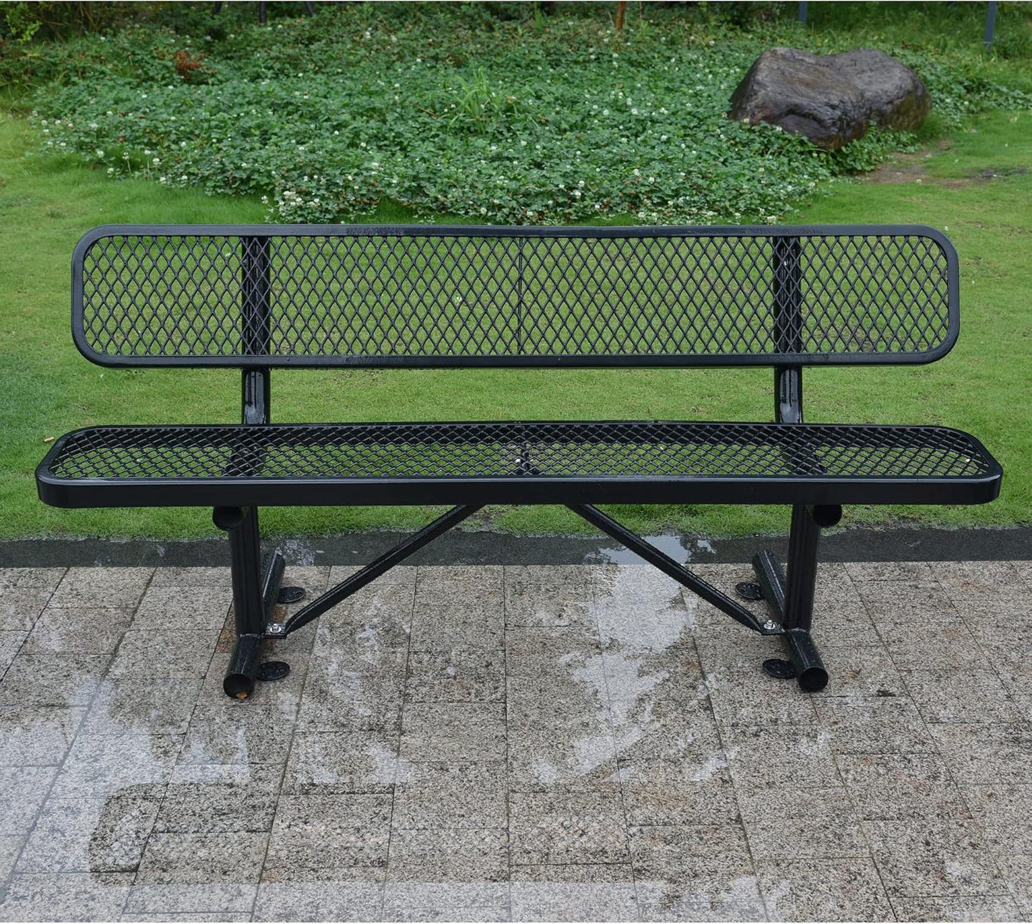 6FT Outdoor Metal Park Bench with Backrest, Outdoor Black Bench, Heavy-Duty Expanded Metal Picnic Bench Steel Mesh Portable Seating Patio Bench for Garden, Porch, Park,School,Road Sports