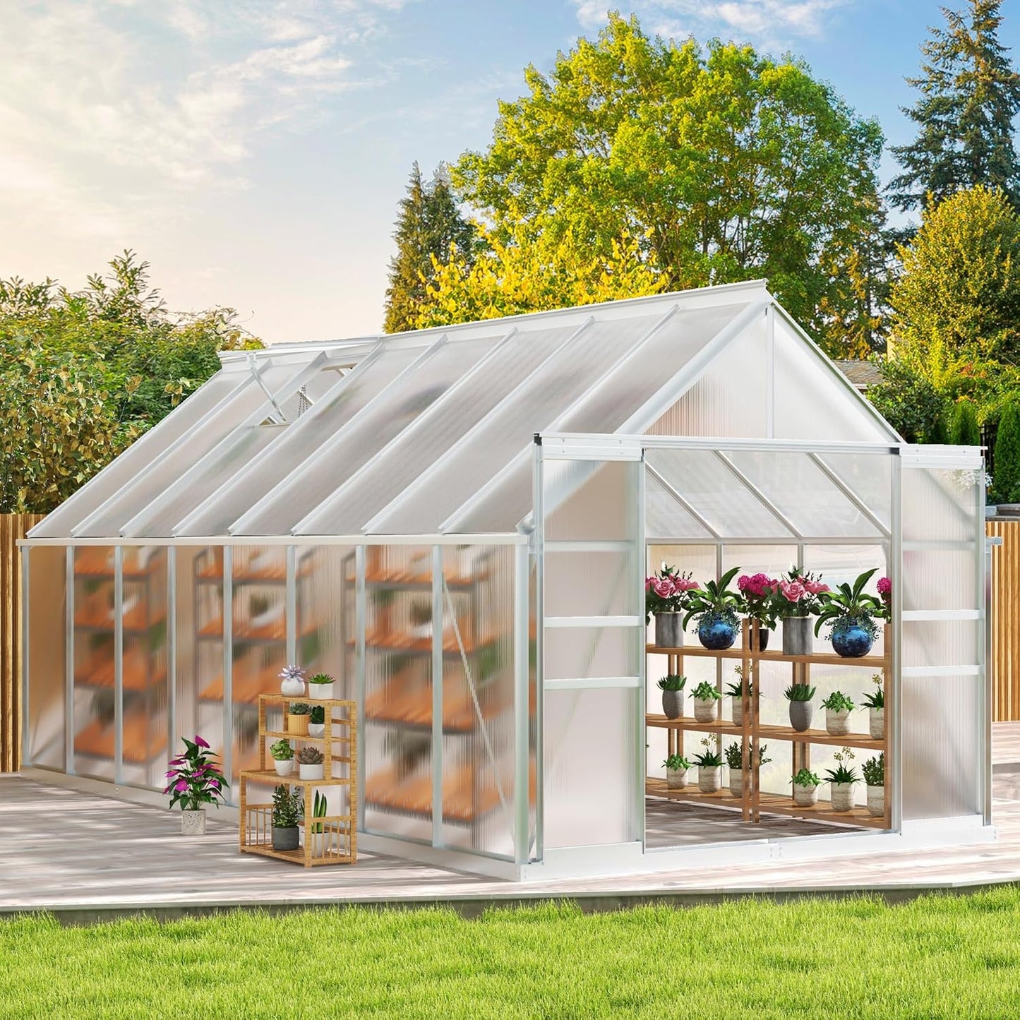 DWVO 16x8FT Polycarbonate Greenhouse Heavy Duty Green Houses Outdoor Aluminum Greenhouses with Sliding Doors Vent Window Premium Walk-in Greenhouse Large Sun House for Garden Backyard, Silver