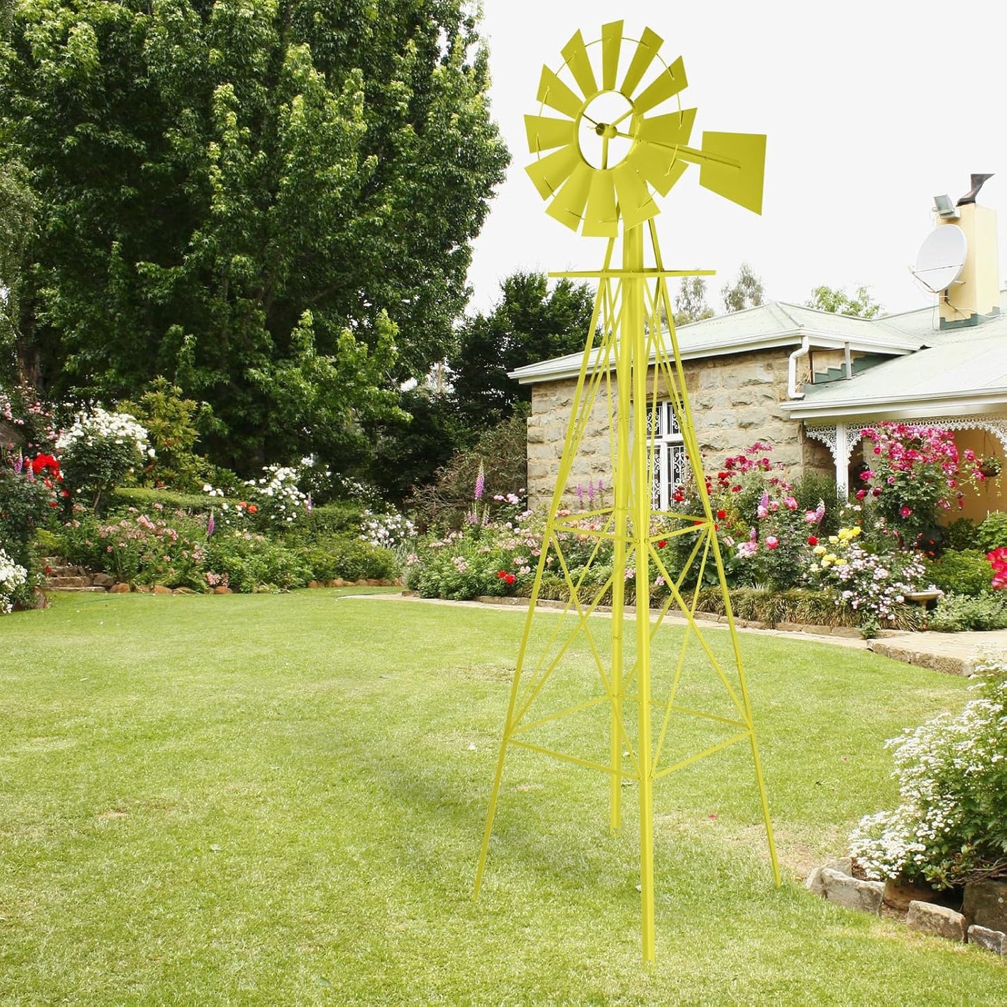 8ft Garden Windmill, Heavy Duty Metal Weather Vane for Backyard, Ornamental Windmill for Yard Weather Resistant (Yellow, 8FT)