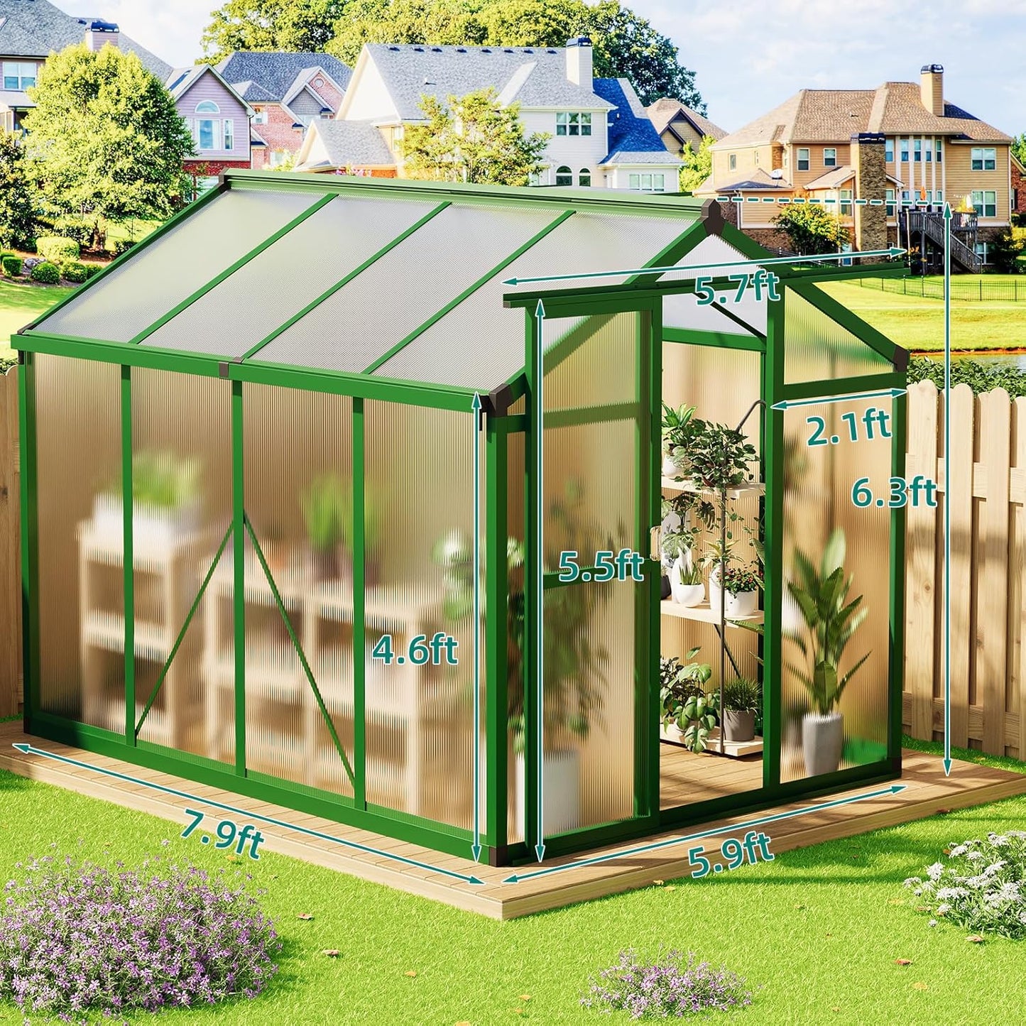Garvee 6x8 ft Greenhouse - Aluminum Greenhouses for Outdoors, Large Polycarbonate Greenhouse with Roof Vent, Heavy Duty Walk-in Green Houses for Outside Garden, Backyard, Patio, Lawn, Easy Assembly