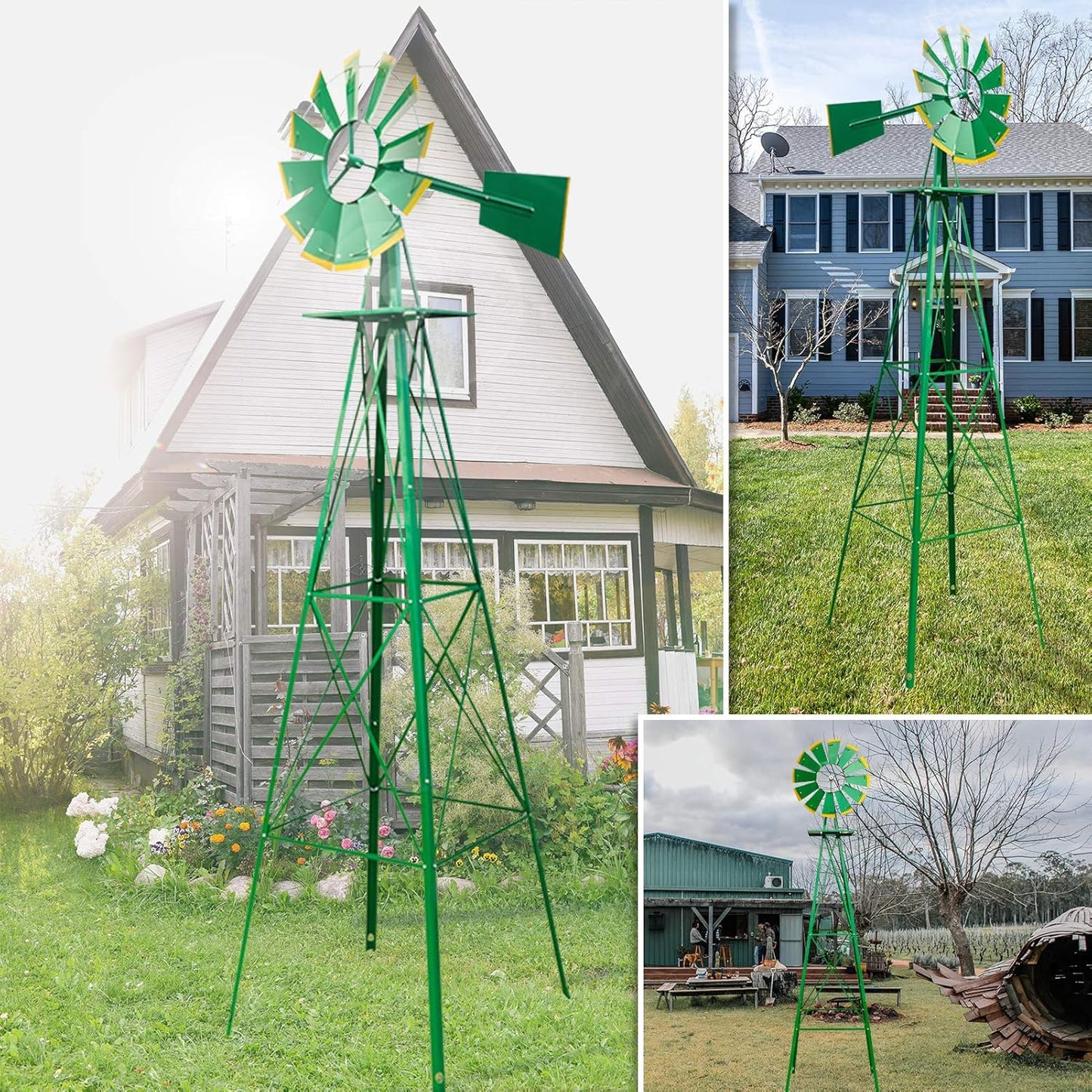 8ft Garden Windmill, Heavy Duty Durable Metal Weather Vane for Backyard, Ornamental Windmill for Yard Weather Resistant (Green, 8FT)