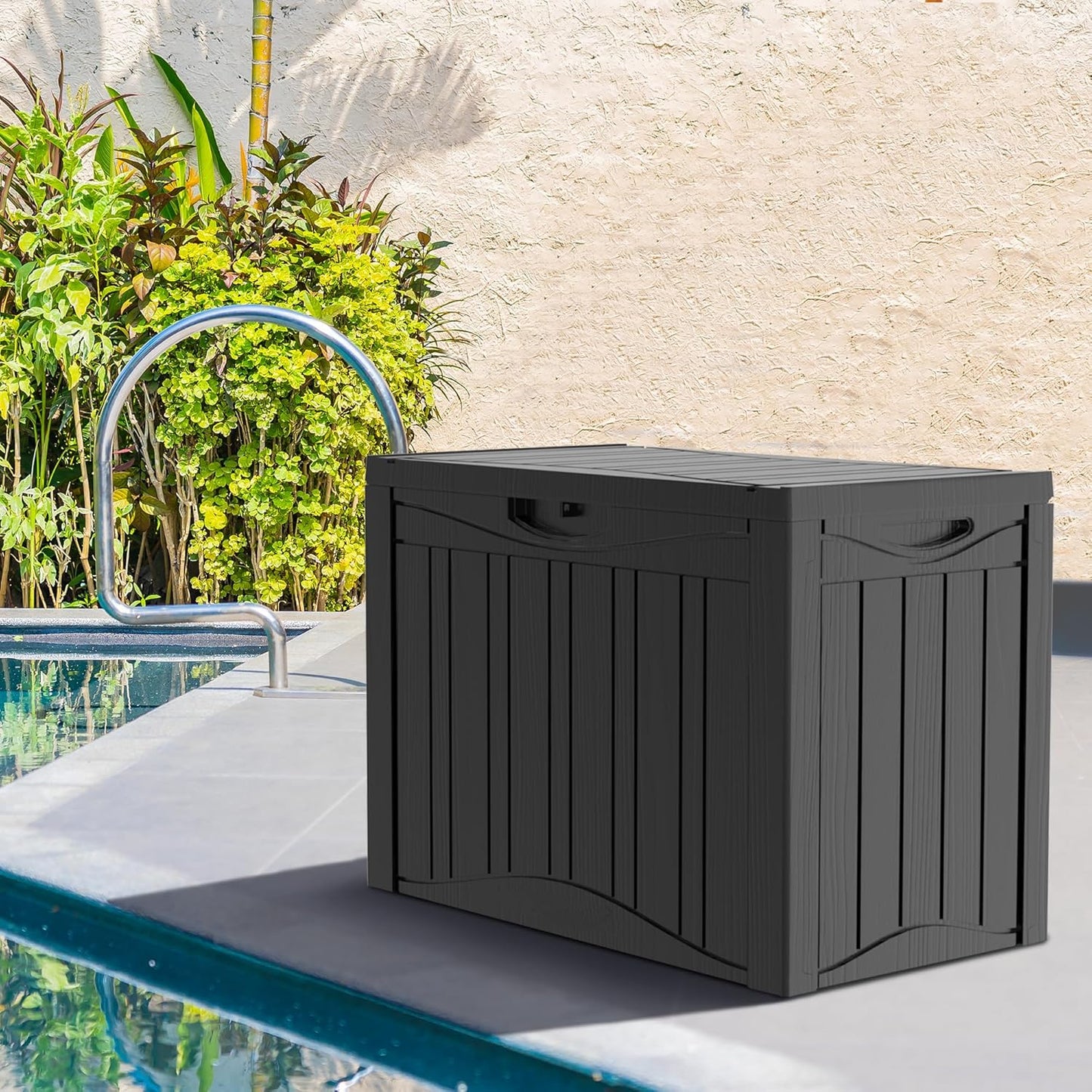 31 Gallon Deck Box, Resin Outdoor Indoor Waterproof Storage Box, Lockable Storage Box With Handle for Patio Furniture - Garden Tools - Swimming Pool Tools UV-Resistant, Black