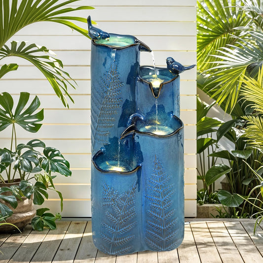 32" Tall Outdoor Fountain, Ceramic Vase Water Fountain withs Lights, 4-Tier Waterfalls with Birds, Tranquil Oasis for Garden Patio Yard Deck Balcony Decor, Tropical Fern, Turquoise Glaze
