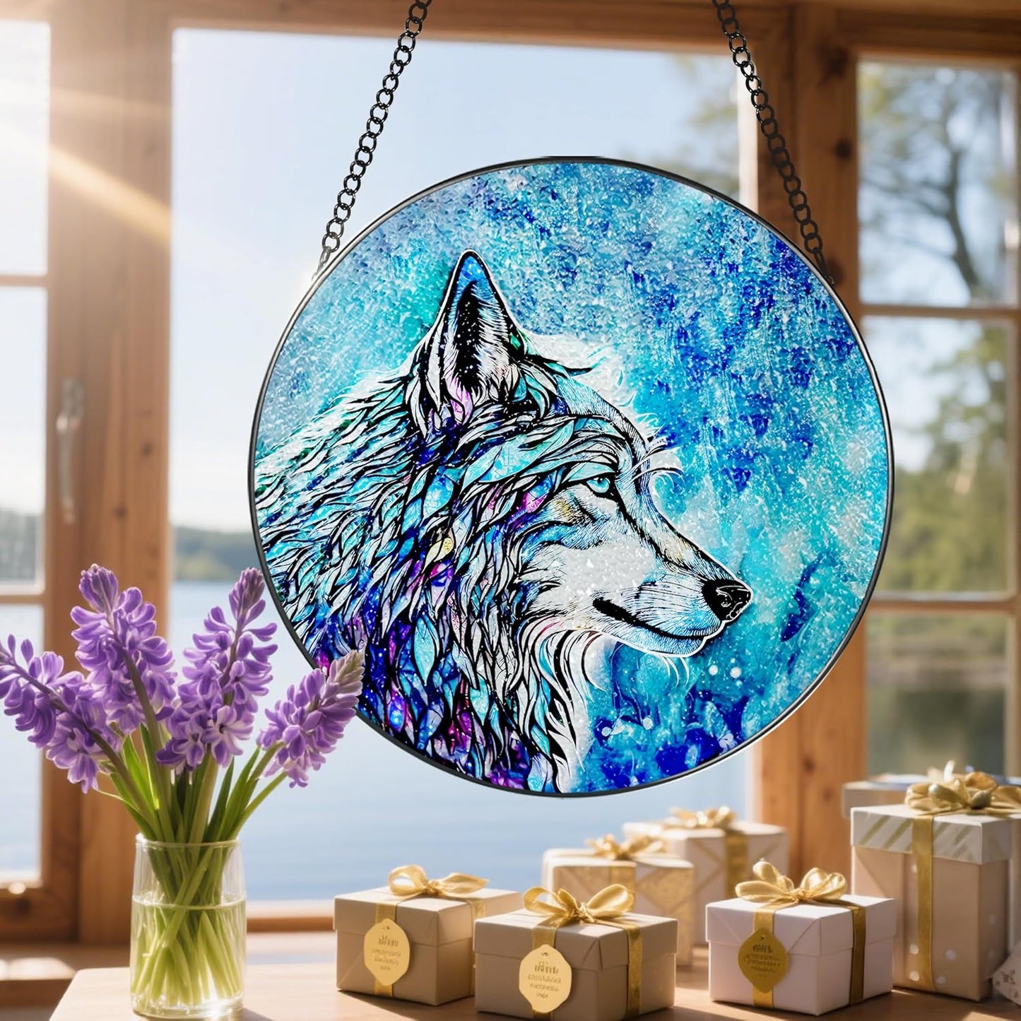 Stained Glass Window Hanging, Stained Glass Suncatcher, Wolf Sun Catcher, Window Hanging Decor, Wolf Lover Gift, Gifts for Fathers Day or Mathers Day, Christmas or Birthday Gift, Gifts for Women Men
