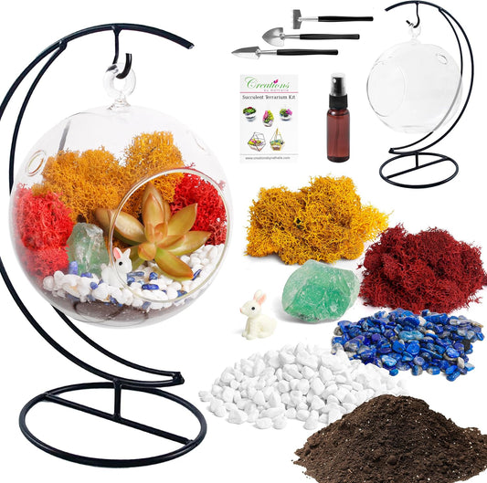 5" DIY Globe Terrarium Kit - Hanging Glass Planter with Stand for Adults & Kids - Build Your Own Mini Ecosystem with Moss, Crystals, Tools & Figurine - Handcrafted in USA