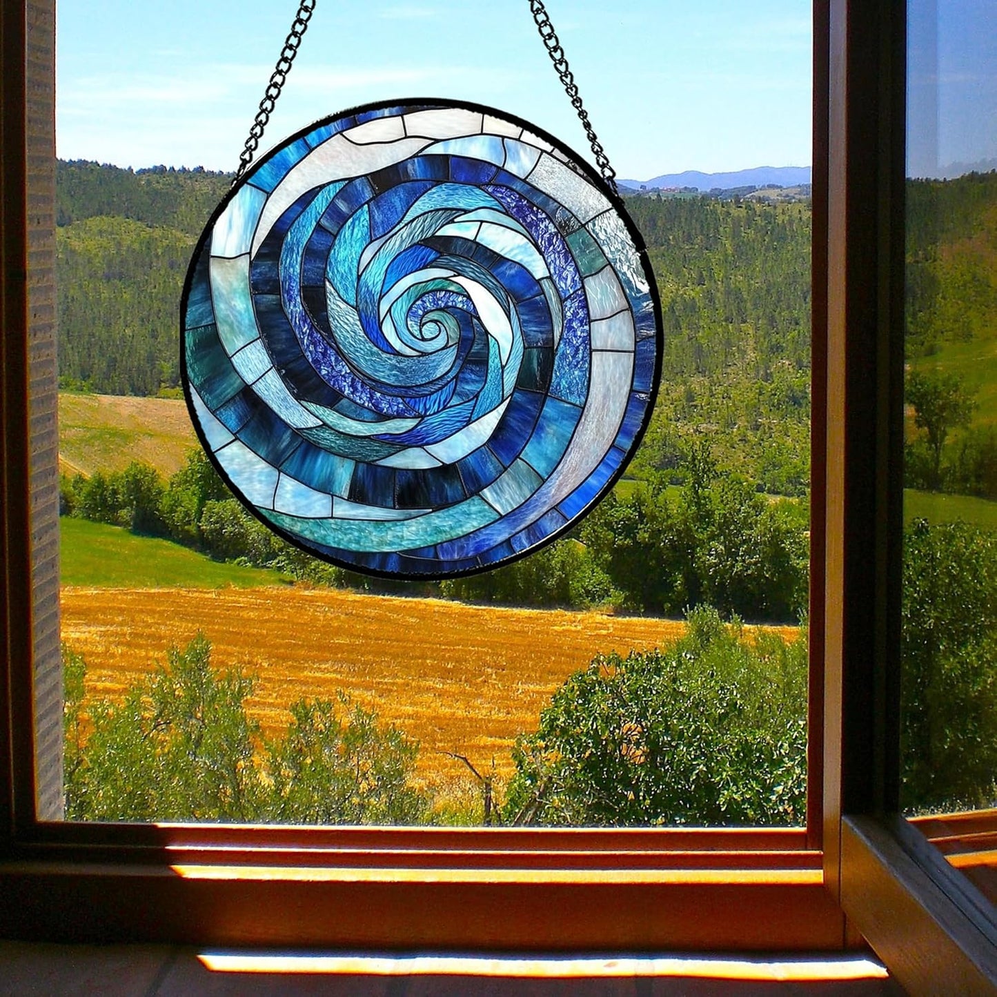Stained Glass Window Hanging - Blue Abstract Swirl Suncatcher for Doors Garden Patio Unique Sun Catchers Decor Christmas Mother's Day Birthday Gifts for Women Men Mom Nana Friend 11.8 in