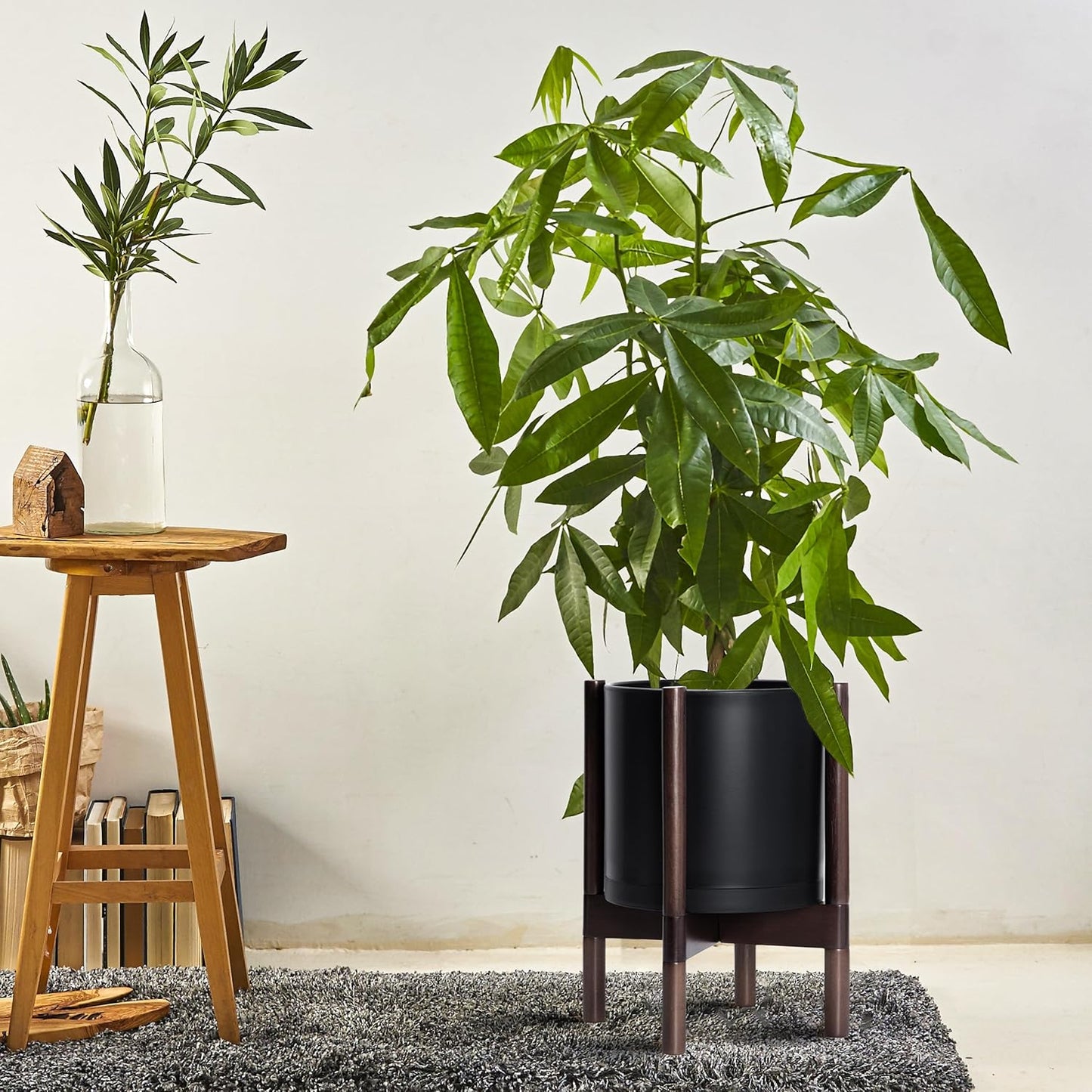 D'vine Dev Planter Pot with Stand - 10 Inch Plastic Cylinder Flower Pot with Wood Planter Holder for Indoor, Matte Black Pot + Walnut Color Stand, 55-C-L-2