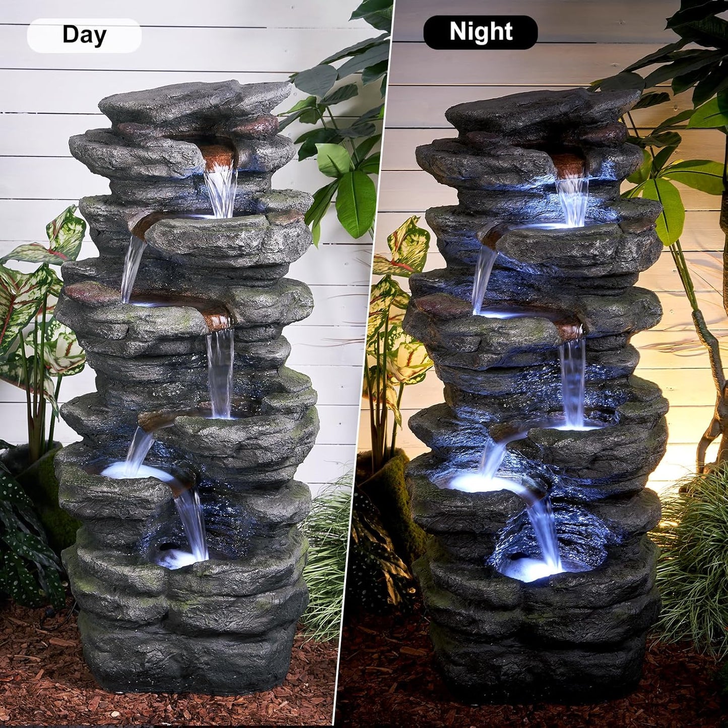 6-Tier Rockery Outdoor Fountain - 40” H Outdoor Waterfall Fountain with LED Lights for Home&Office Decor, Stacked Rock Cascading Relaxation Garden Fountains Outdoor for Patio, Yard, Deck