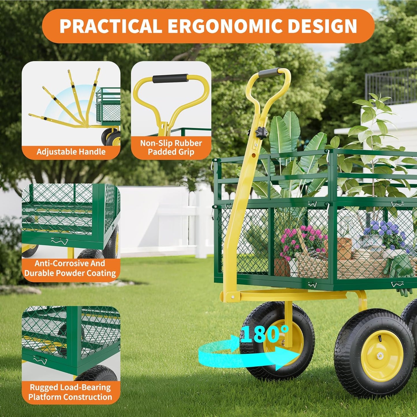 3-in-1 Heavy-Duty Steel Garden Cart, 1400 Lbs Garden Wagon, with 13 Inch All-Terrain Tires and Removable Mesh Side Panels, 180° Rotating Handle, Metal Multi-Function Carts, Outdoor Gardens Wagon Cart