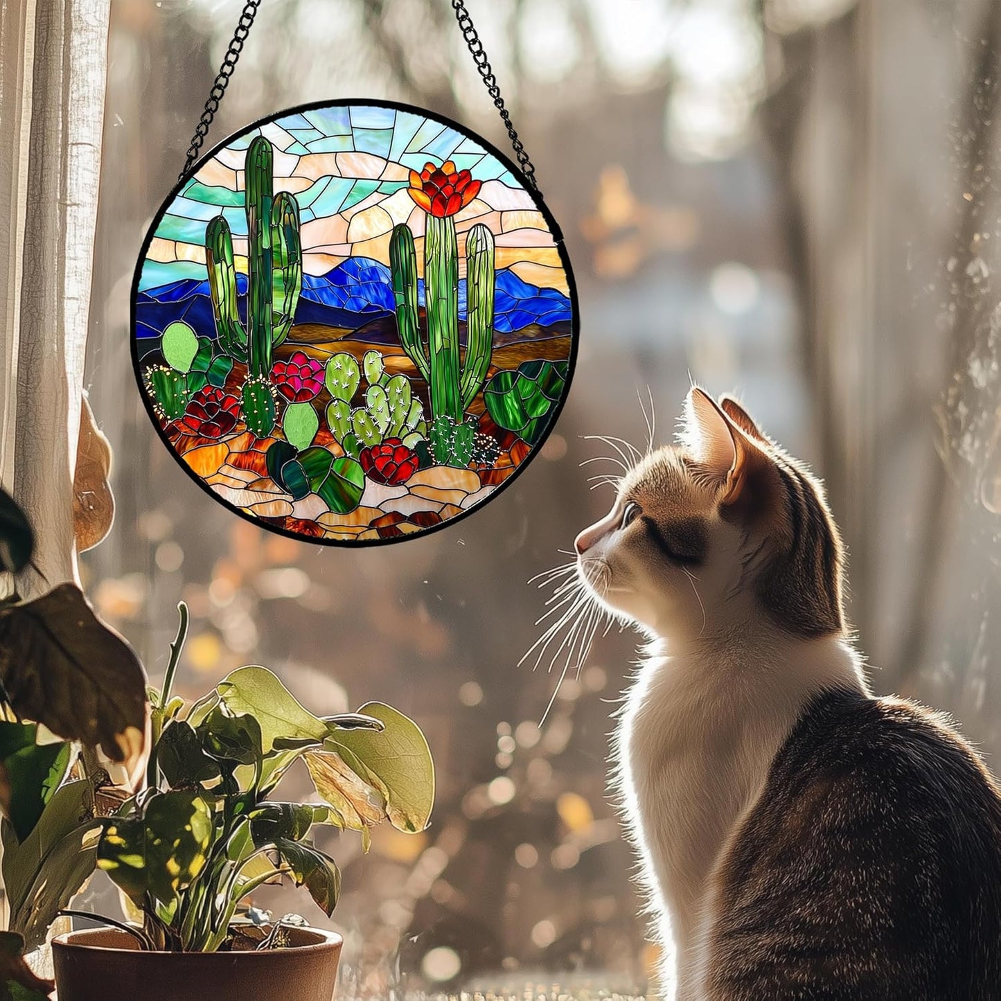 Stained Glass Window Hanging, Green Cactus Suncatcher for Doors Window Home Plant Landscape Sun Catchers Decoration Mother's Day Birthday Gifts for Women, Men, and Mom 15 in