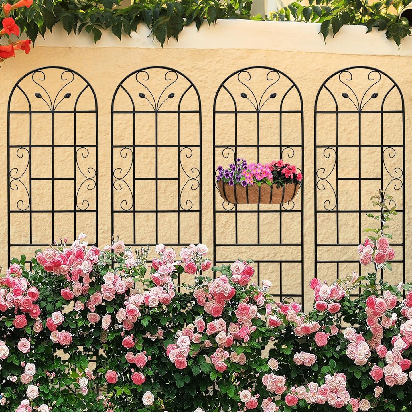 4 Pack Metal Garden Trellis 86.7" Tall Outdoor Climbing Plant Support for Roses, Flowers, Rustproof Durable Black Galvanized Tube, Lawn Garden Fence Decor Screen (4, Black curves-86.7" H)