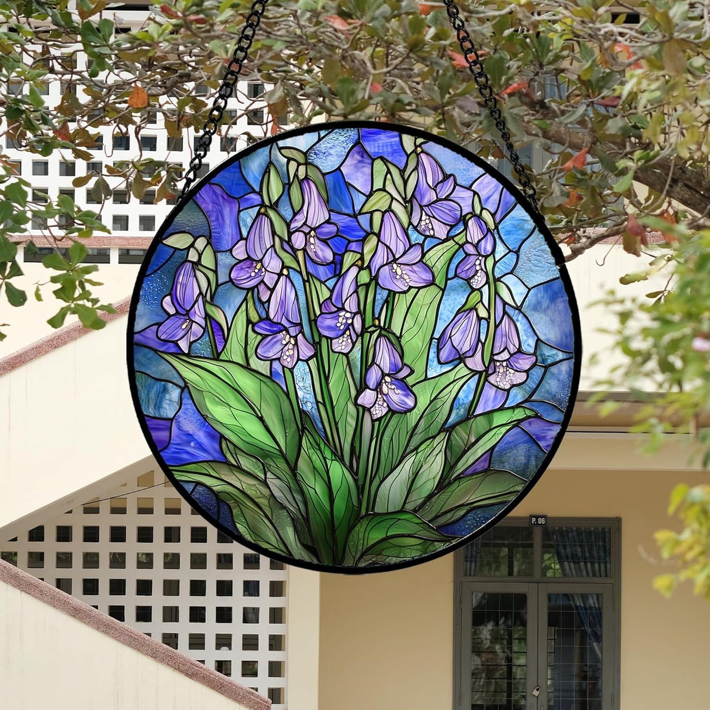 Stained Glass Suncatcher, Blue Purple Flowers Green Leaves Sun Catcher Plants Stain Glass Window Hanging Decoration Mother's Day Birthday Gifts for Women Men Mom and Nana 11.8 in