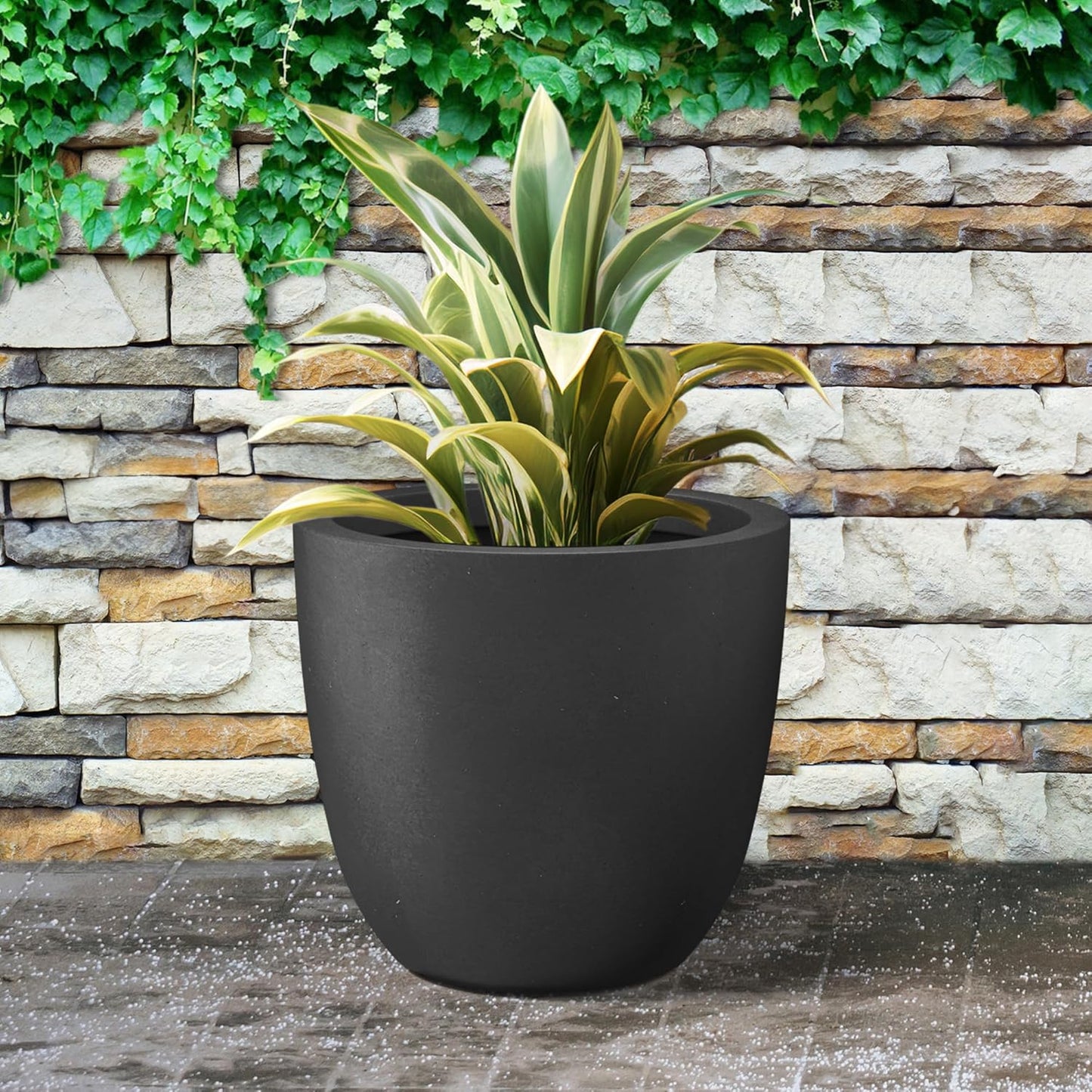 Kante 18 Inch Dia Round Concrete Planter, Indoor Outdoor Large Plant Pot with Drainage Hole and Rubber Plug for Home Patio Garden, Black