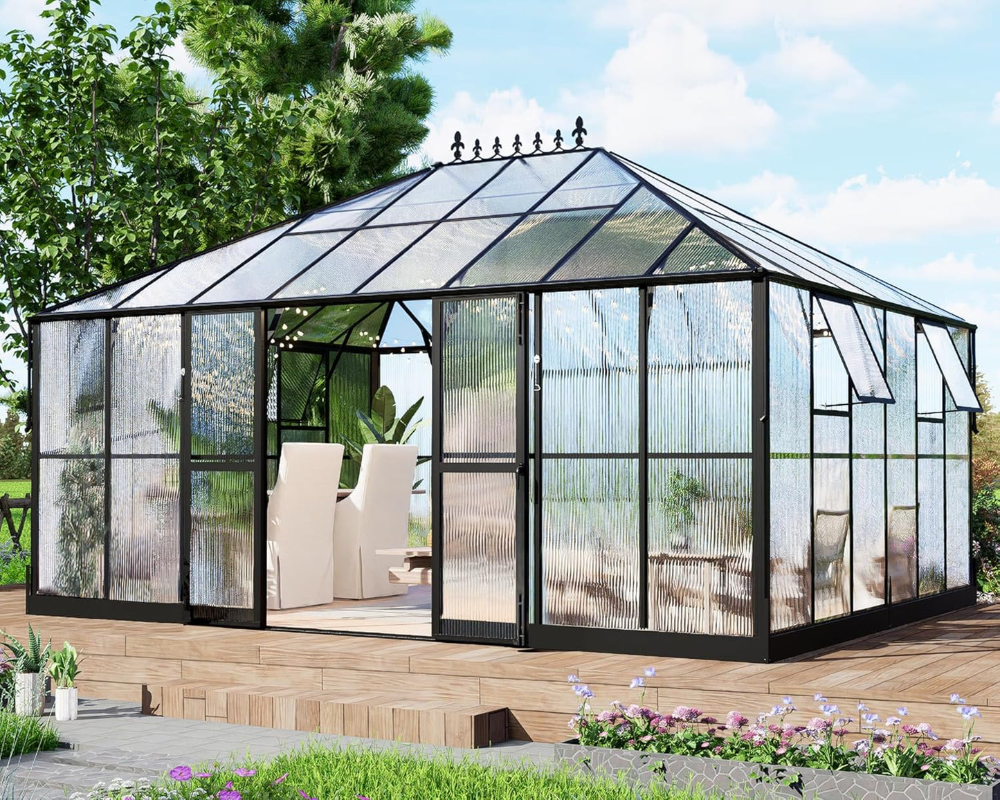HOWE 16x12x9.5 FT Polycarbonate Greenhouse for Outdoors, Pavilion Style Greenhouse with 4 Vent Windows, Lockable Double Doors, Ideal for Garden & Patio Use, Black