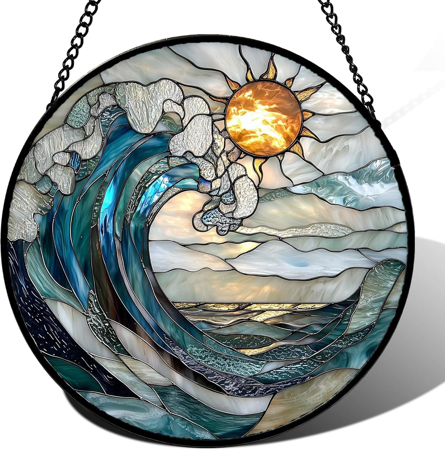 Stained Glass Window Hanging, Blue and White Waves Suncatcher Diamond Glass Panel Landscape Sun Catchers Decor for Birthday for Women, Men, Wife, Aunt, and Mom 14.9x14.9 in