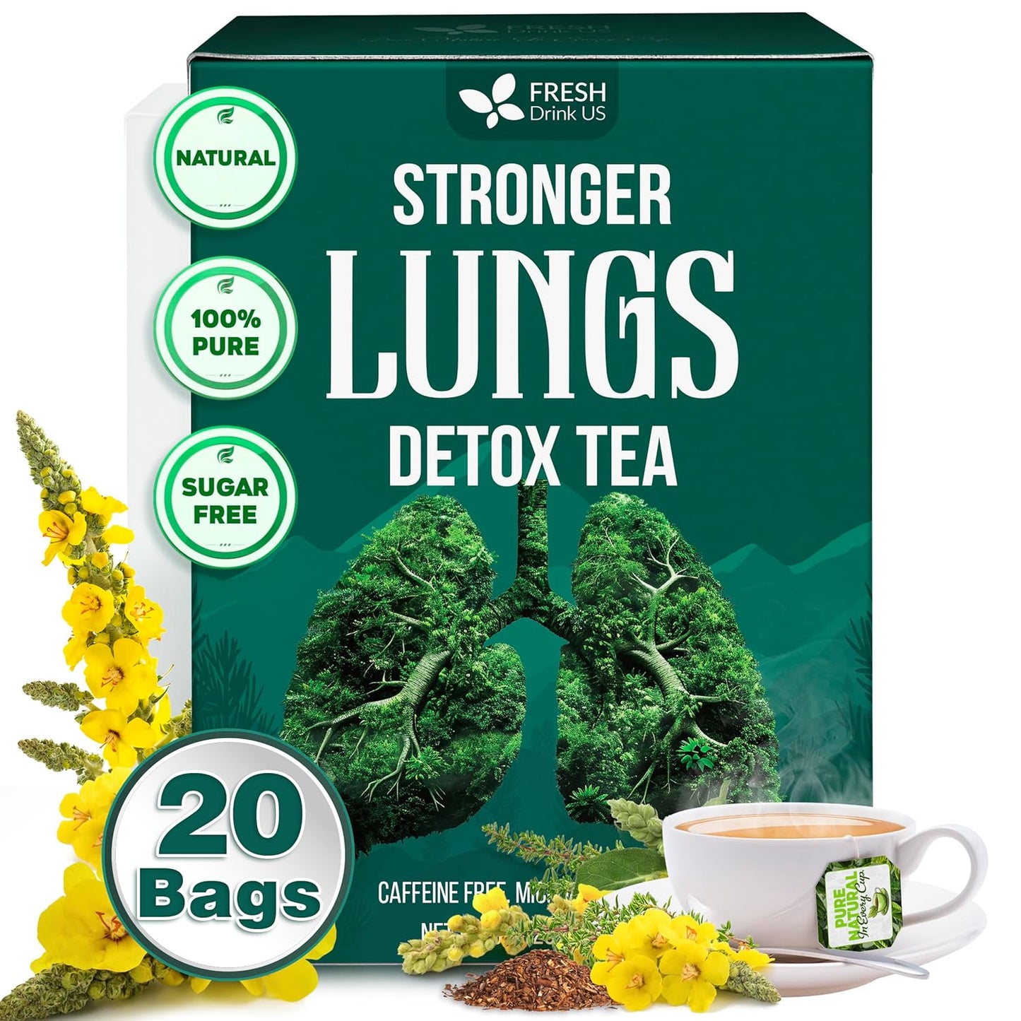 FreshDrinkUS StrongerLungs 20 Tea Bags - Mullein Leaf, Ginseng, Elderberry, Ginger & Thyme - Supports Lung Cleanse, Congestion Relief & Mucus Detox - Caffeine-Free & All-Natural