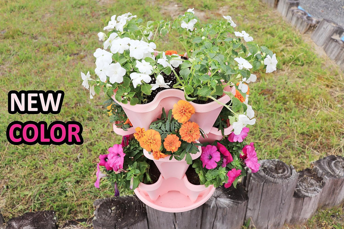5-Tier Pink Strawberry and Herb Garden Planter - Stackable Gardening Pots with 10 Inch Saucer