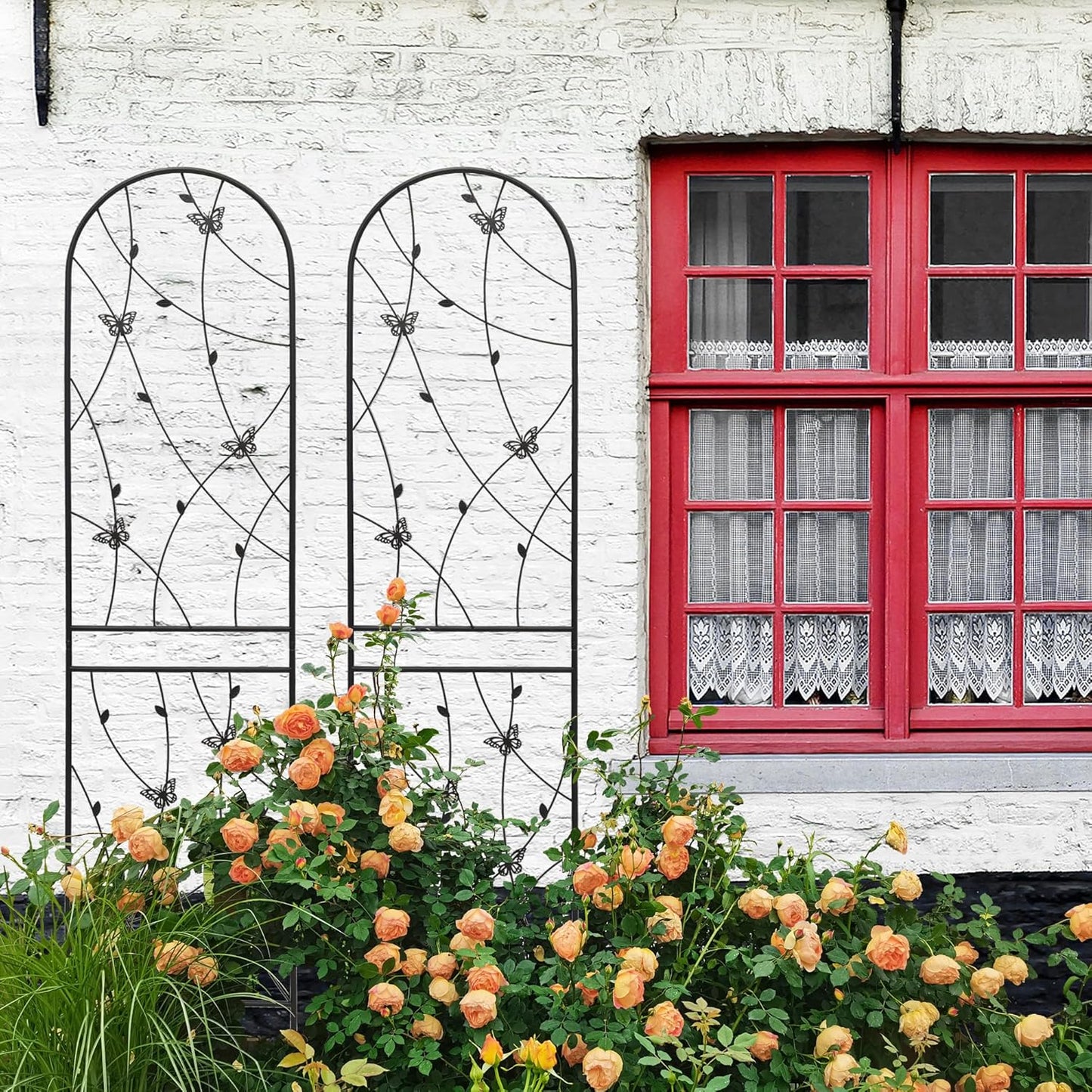 4 Pack Metal Garden Trellis for Climbing Plants, 86.7" Tall Rustproof Outdoor Trellis Panel with Butterfly Design, Decorative Black Iron Plant Support for Vine, Rose, Flower, Garden Wall