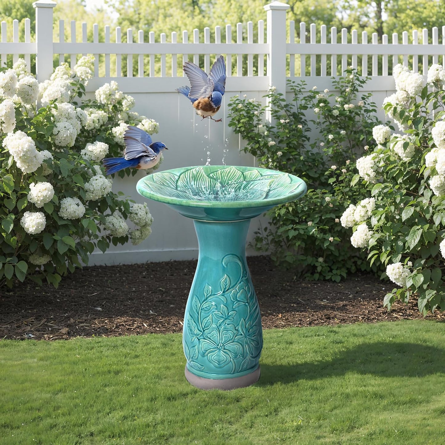LuxenHome 23 Inch Ceramic Bird Bath for Outside, Elegant Tall Outdoor Bird Bath, Lightweight Pedestal Glazed Birdbaths for Outdoors with Floral Embossed Design, Jade Green