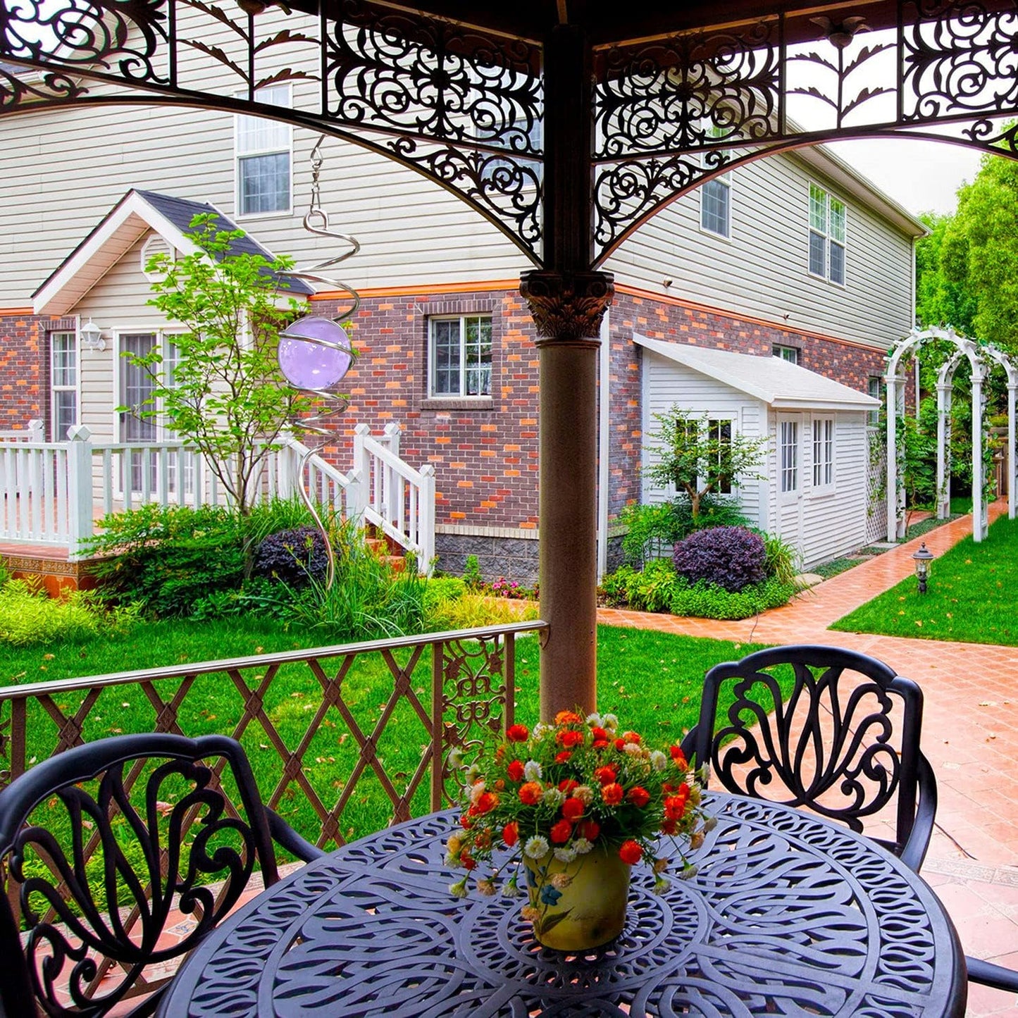 Fonmy Purple Gazing Ball Spiral Tail Wind Spinner Stabilizer with Swivel Hook 11inch Stainless Steel Tail and 2 inch Purple Glass Orb. Indoor Outdoor Garden Decoration Hanging Ornaments