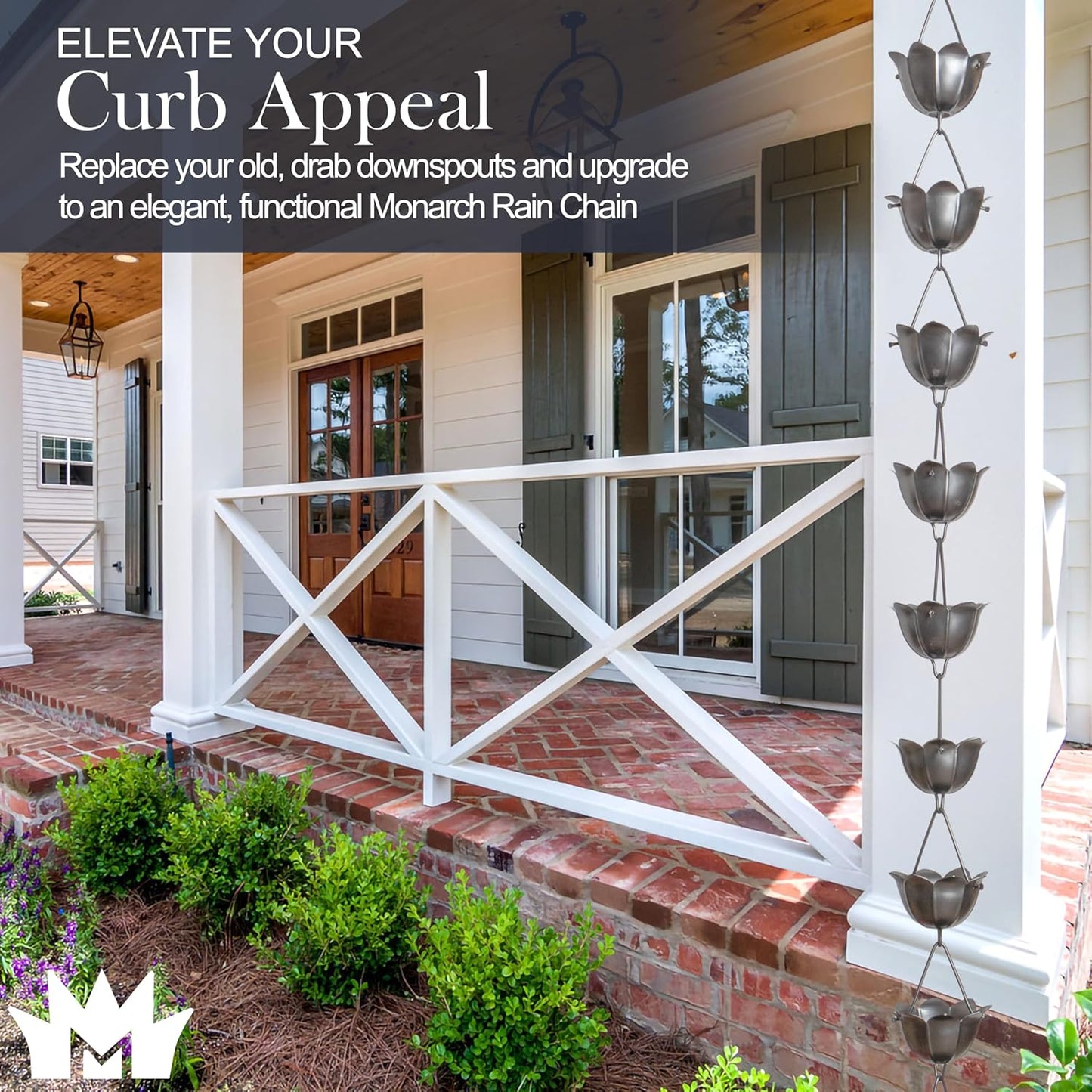 Monarch Rain Chains Aluminum Large Lotus Rain Chain, 8.5 ft Pewter Powder Coated Aluminum Decorative Rain Catcher Chain for Gutters, Pewter Aluminum Rain Gutter Replacement Downspout