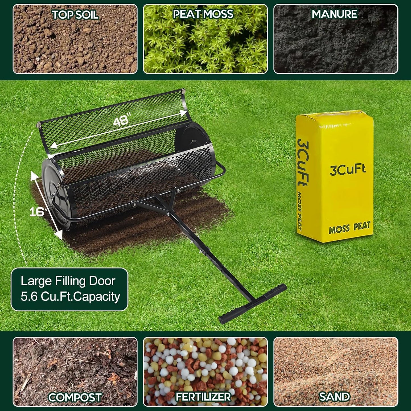 Compost and Peat Moss Spreader with Updated 2 in 1 ATV & T Shaped Handle, 16”WX48”L, Lawn and Garden Peat Moss Roller w/Laser Cutting Wire Mesh Baskets for Spreading Manure, Topsoil