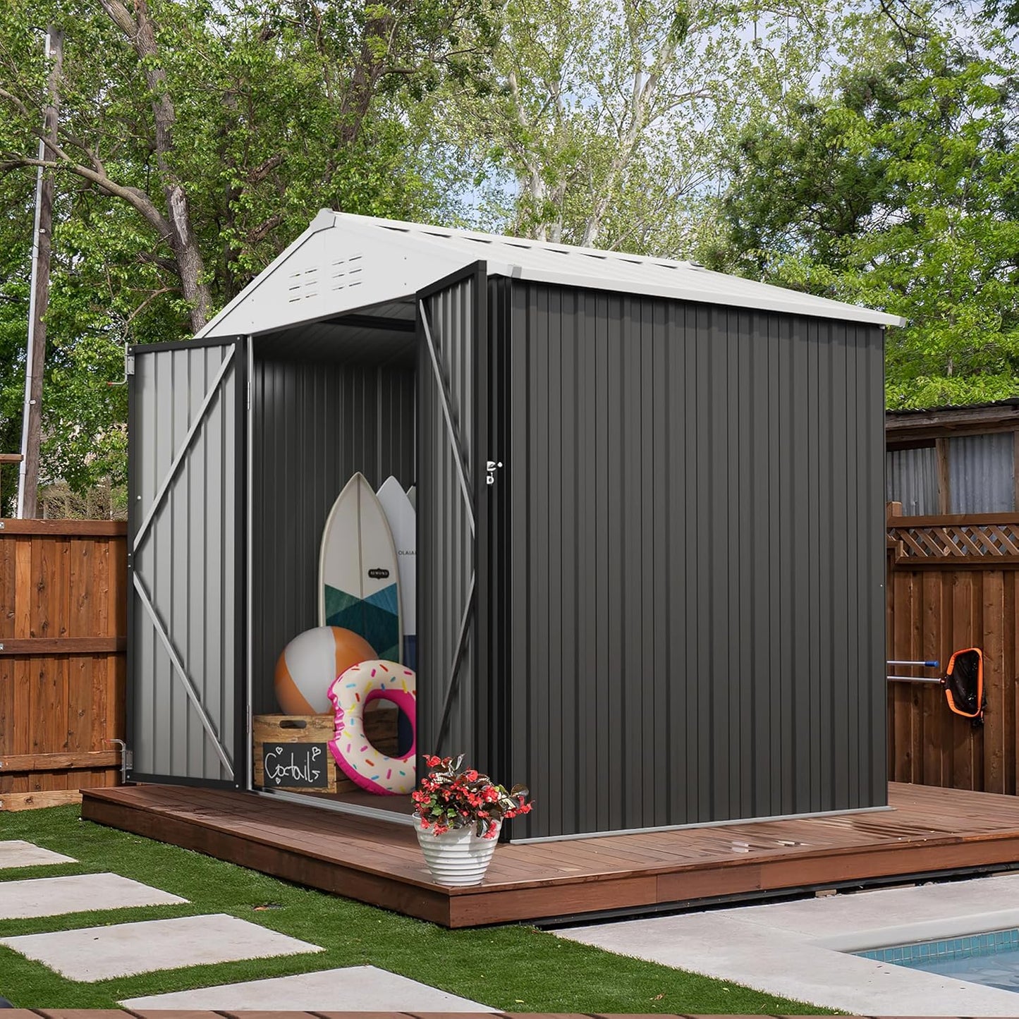 Devoko Outdoor Storage Shed 8 x 6 FT Lockable Metal Garden Shed Steel Anti-Corrosion Storage House with Single Lockable Door for Backyard Outdoor Patio (Gray)