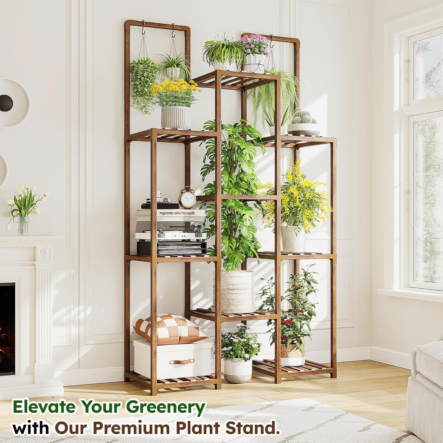 EnHomee Plant Stand Indoor Wood Plant Stand Outdoor Plant Shelves for Multiple Plants Stands with 11-16 Potted for Living Room Patio Balcony Yard Garden 34.2''W×11.8''D×47.4''H