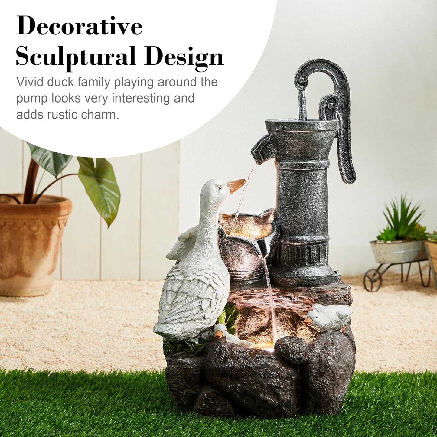 Glitzhome 24" Farmhouse Duck Outdoor Fountain with LED & Pump – 2-Tier Cascading Water Fountain for Outside Garden Decor - Rustic Waterfall for Backyard, Garden, or Patio Decor