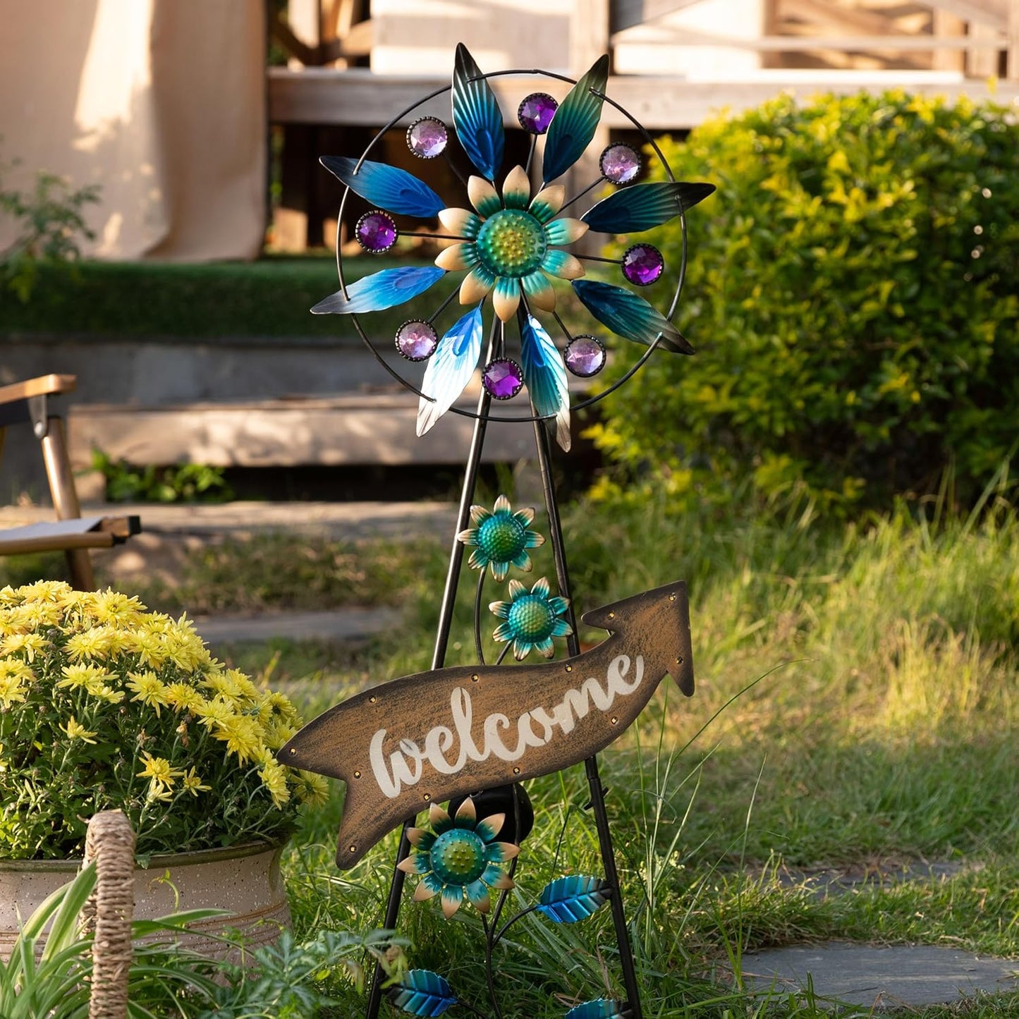 TERESA'S COLLECTIONS Peacock Garden Decor Solar Stake, Wind Spinner for Outdoor Decorations, Metal Windmill Blue Floral Yard Art Sign Decorative Garden Stake for Lawn Ornaments, Gifts for Mom, 26''