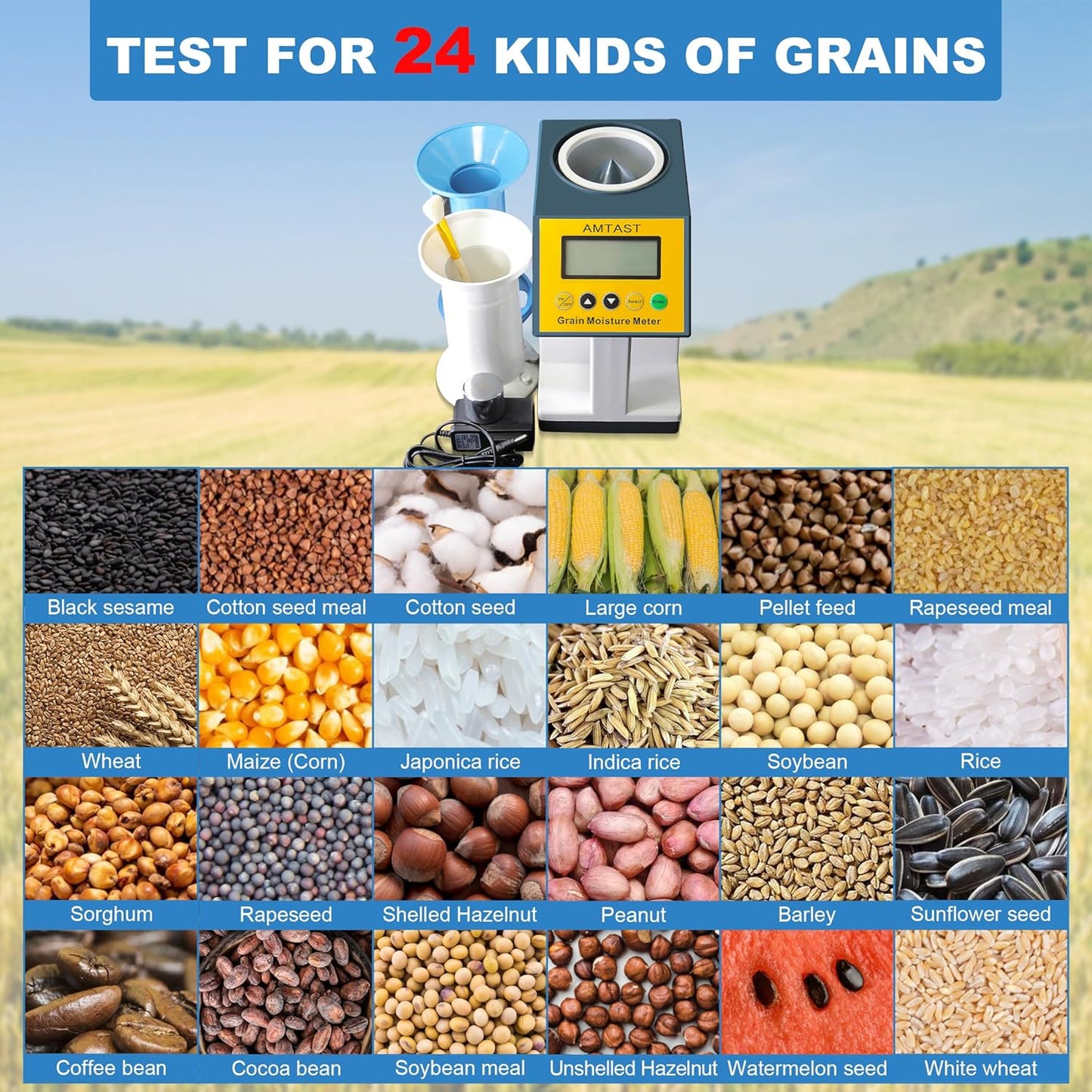 Grain Moisture Meter High Precision Grain Moisture Tester with Temperature Compensation Seed Moisture Meter for 24 Grains including Wheat, Soybean, Coffee and More